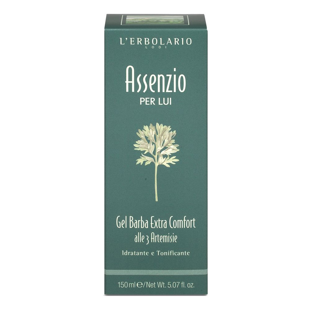 Grüne Schachtel mit "L'Erbolario" und "Assenzio PER LUI". Enthält Rasiergel. 150ml. Mit Pflanzenabbildung.