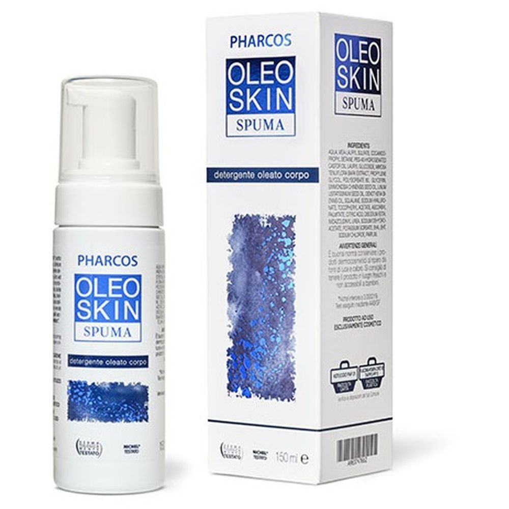 Pharcos Oleoskin Spuma. Flacone e scatola bianchi. Nome del prodotto e logo visibili. Elementi di design blu.