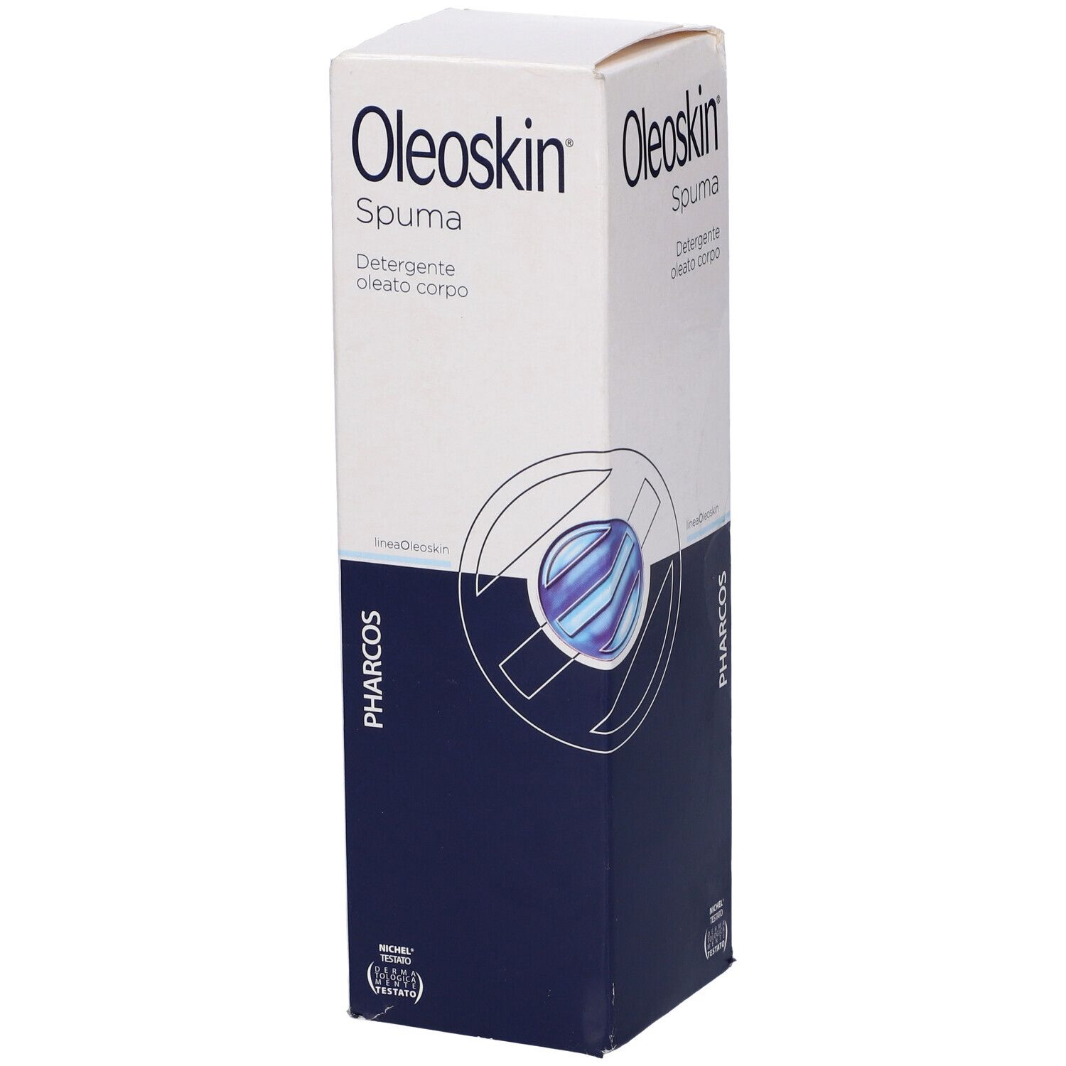 Confezione Pharcos Oleoskin Spuma. Scatola bianca con nome e logo del prodotto. Elementi di design blu e testo.