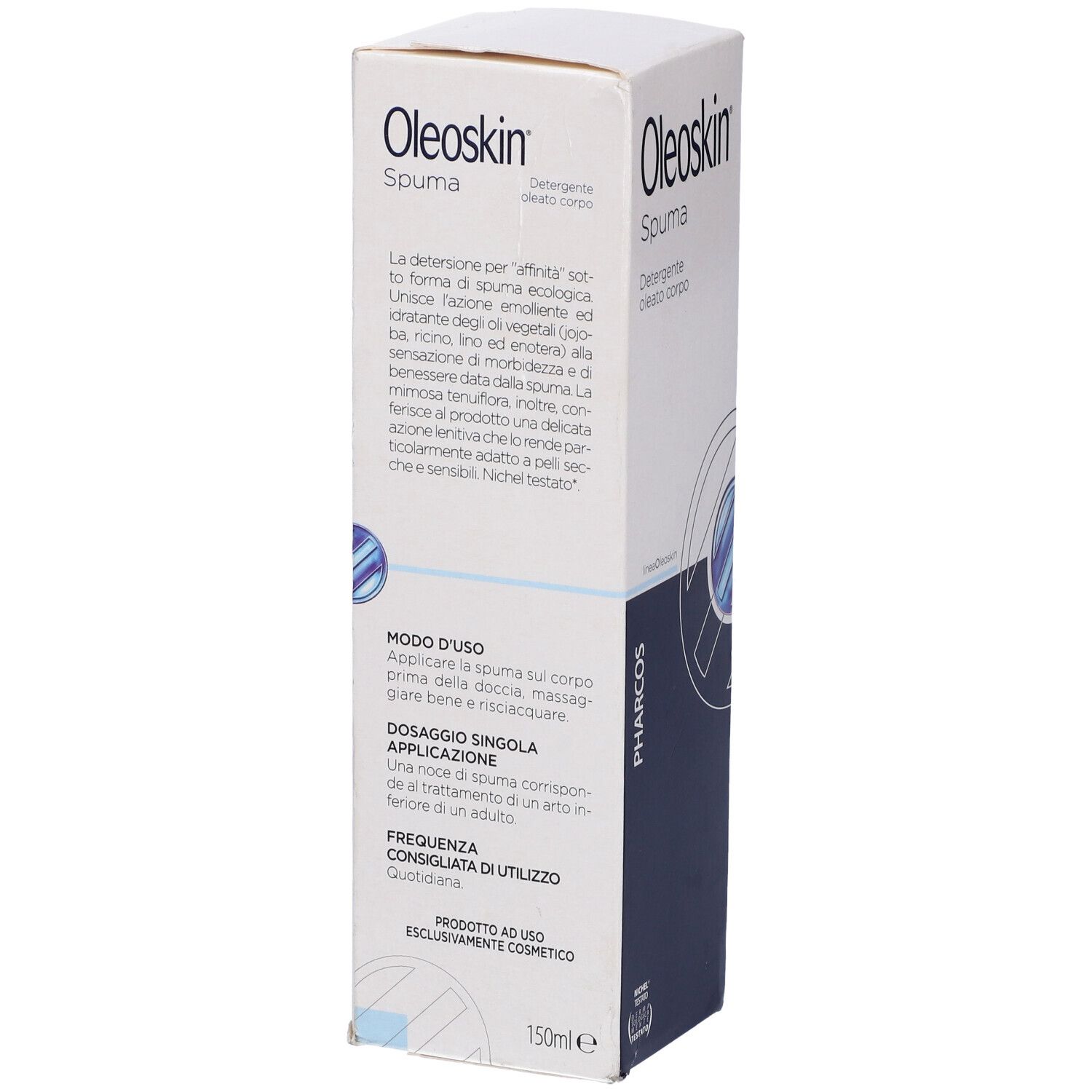 Confezione Pharcos Oleoskin Spuma. Scatola bianca con nome e testo del prodotto. Elementi di design blu.