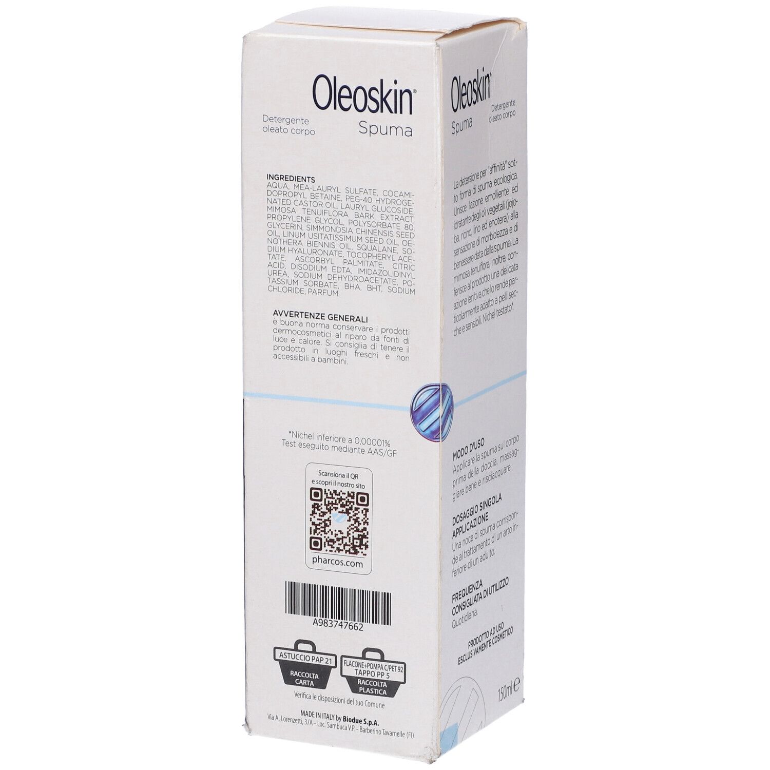 Confezione Pharcos Oleoskin Spuma. Scatola bianca con nome e testo del prodotto. Elementi di design blu.