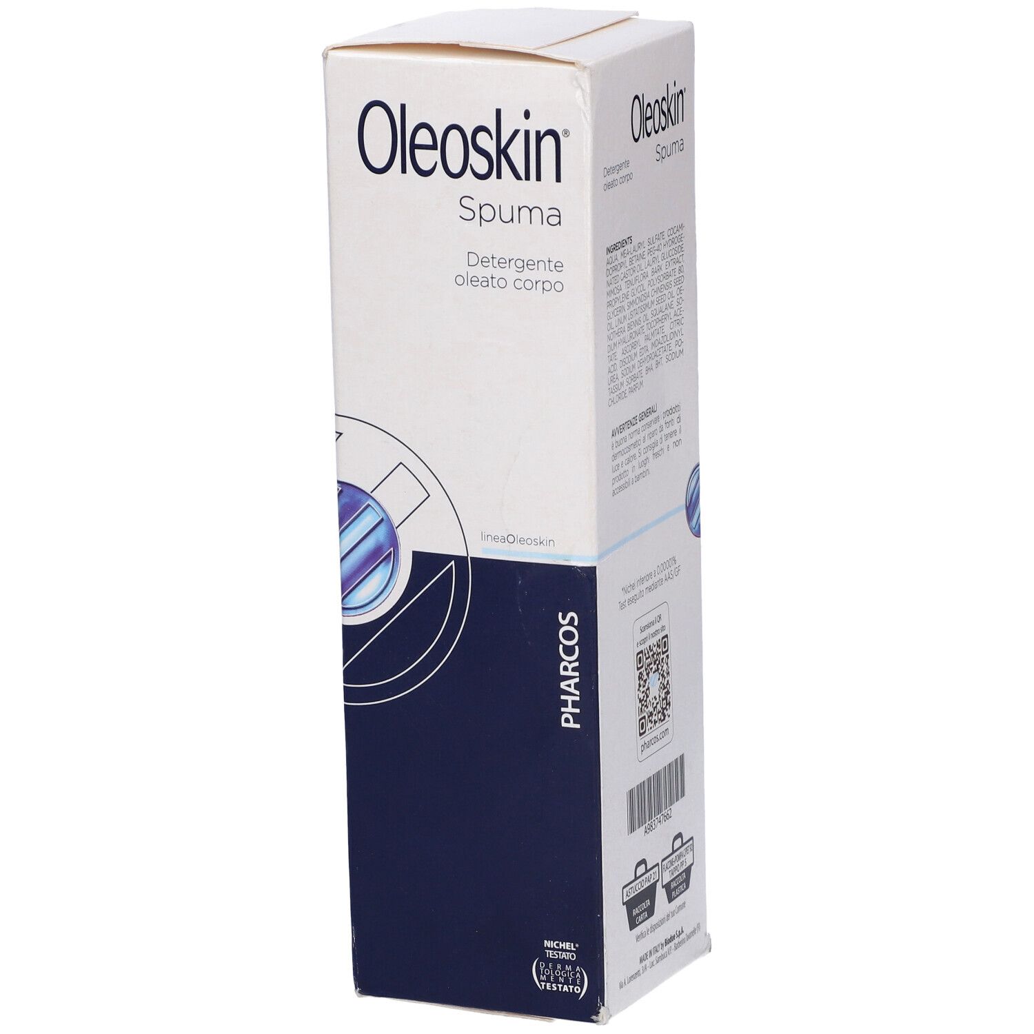 Confezione Pharcos Oleoskin Spuma. Scatola bianca con nome e testo del prodotto. Elementi di design blu.