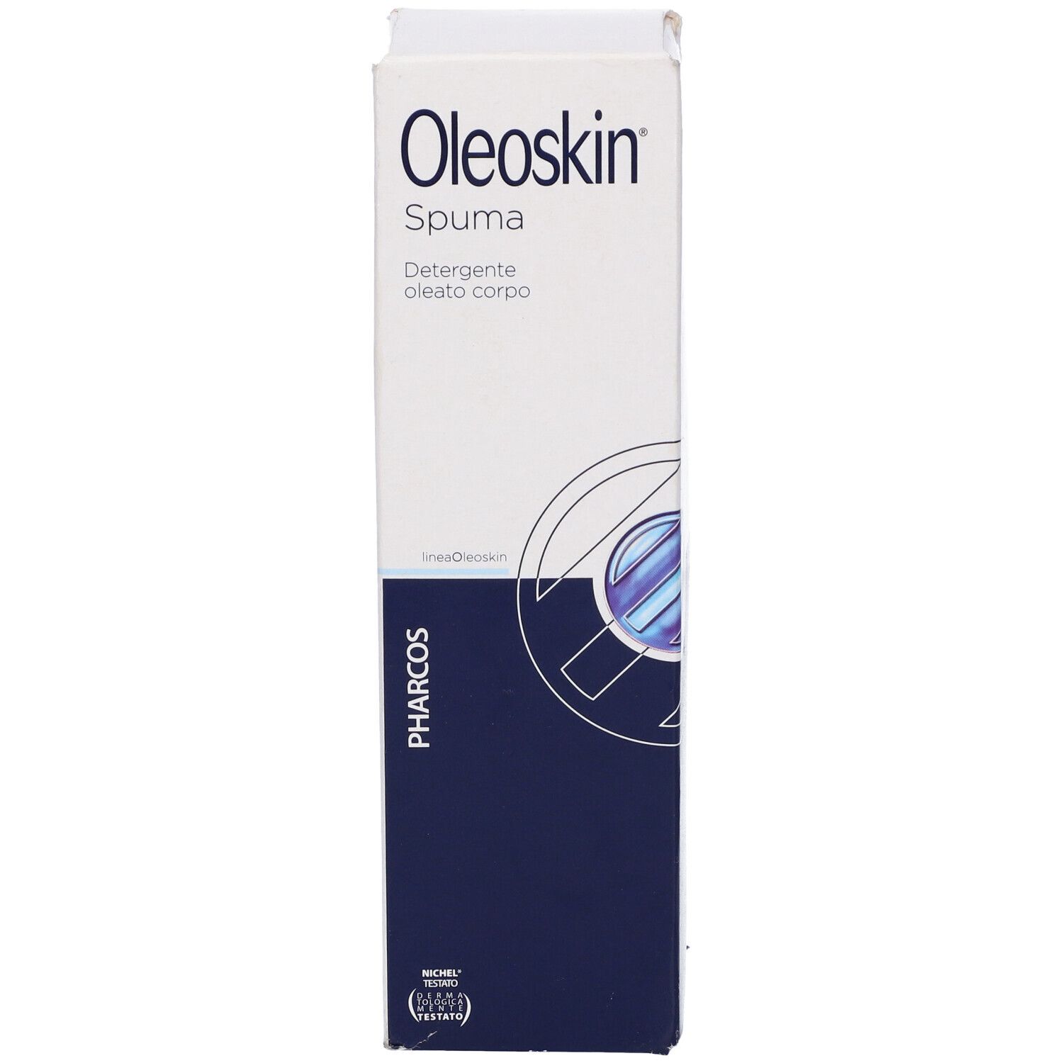 Confezione Pharcos Oleoskin Spuma. Scatola bianca con nome e testo del prodotto. Elementi di design blu.