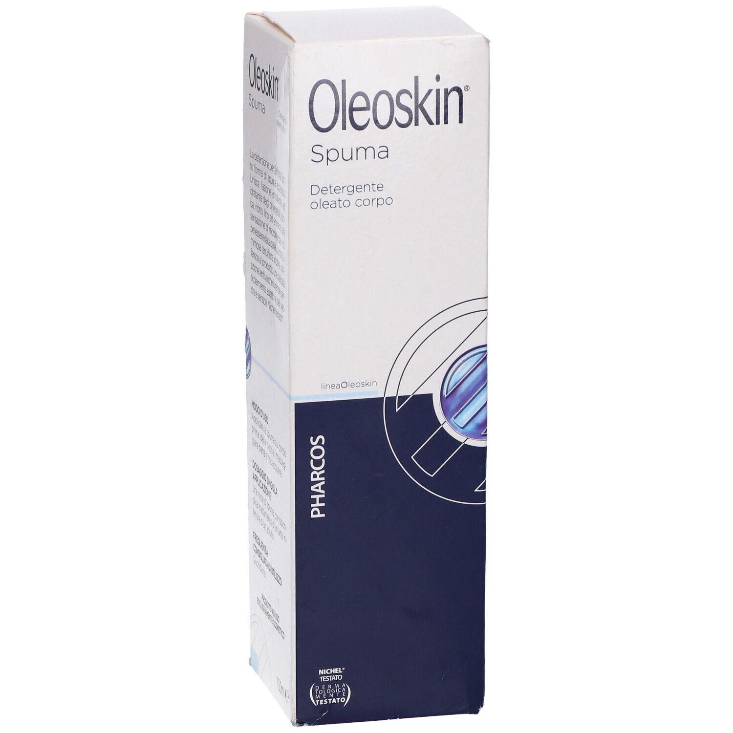 Confezione Pharcos Oleoskin Spuma. Scatola bianca con nome e testo del prodotto. Elementi di design blu.