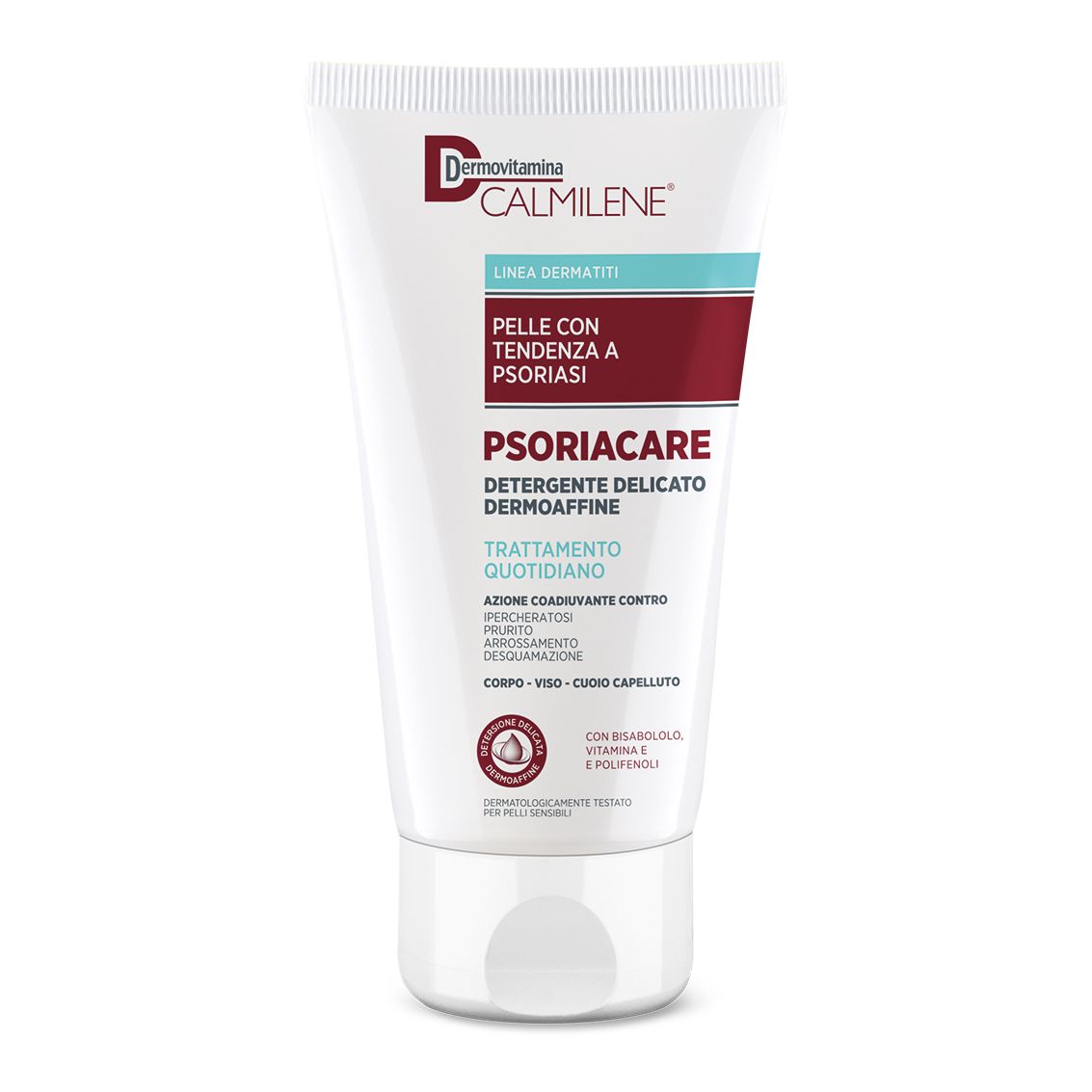 Tubo bianco con testo rosso e blu. Nome prodotto: Dermovitamina Calmilene Psoriacare Detergente.