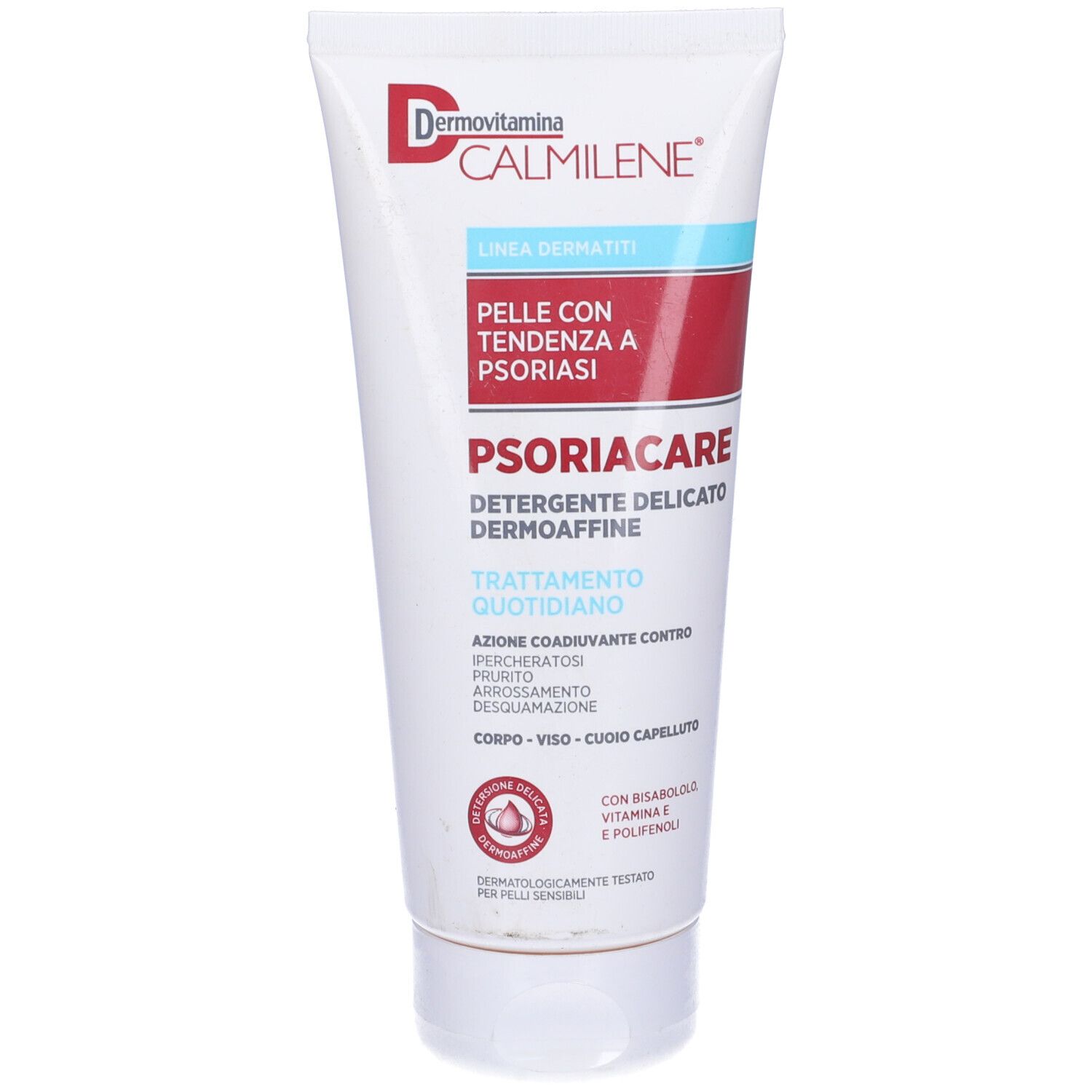 Tubo bianco con testo rosso e blu. Nome prodotto: Dermovitamina Calmilene Psoriacare Detergente.