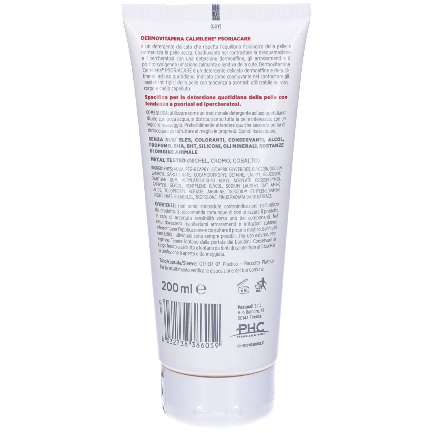 Retro di un tubo bianco con testo. Nome prodotto: Dermovitamina Calmilene Psoriacare Detergente. 200 ml.