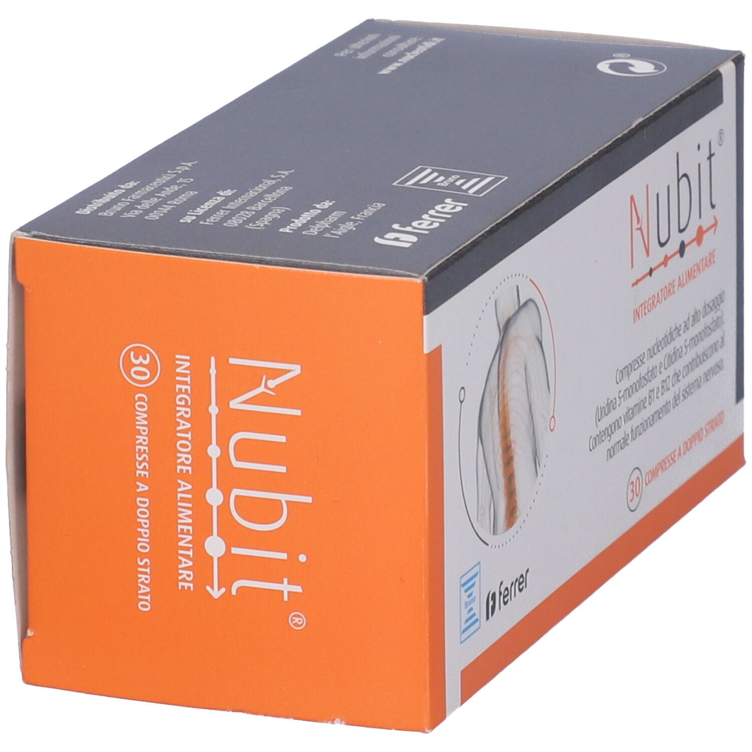 Scatola Nubit, arancione-grigio. Scritto: 'Nubit Integratore alimentare'. 30 compresse a doppio strato.