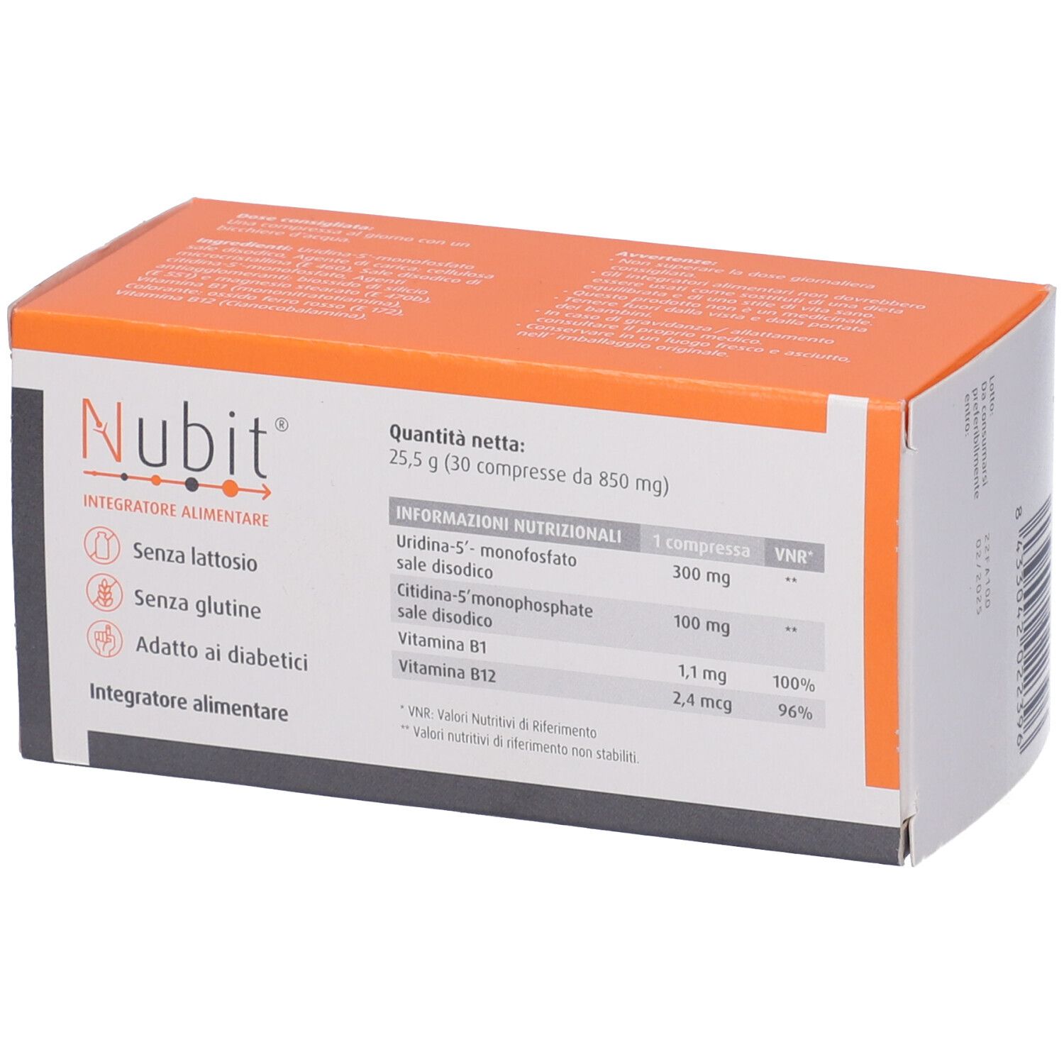 Scatola Nubit con informazioni nutrizionali. Scritto: 'Nubit Integratore alimentare'. 30 compresse.