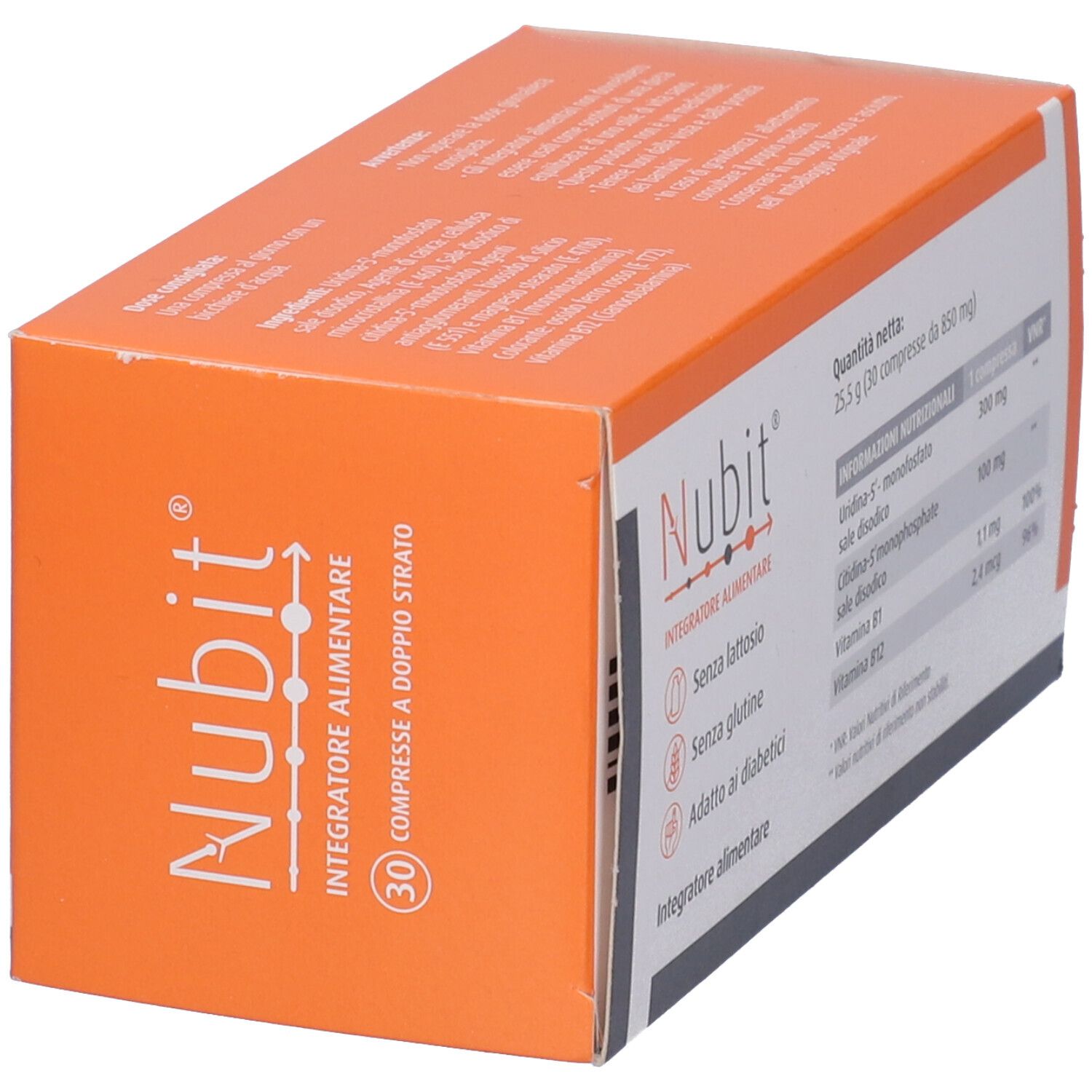 Scatola Nubit, arancione-grigio. Scritto: 'Nubit Integratore alimentare'. 30 compresse a doppio strato.