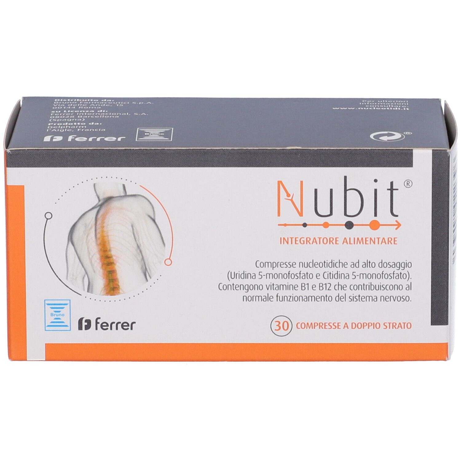 Scatola di Nubit, 30 compresse. Scritto: 'Integratore alimentare'. Illustrazione della schiena.