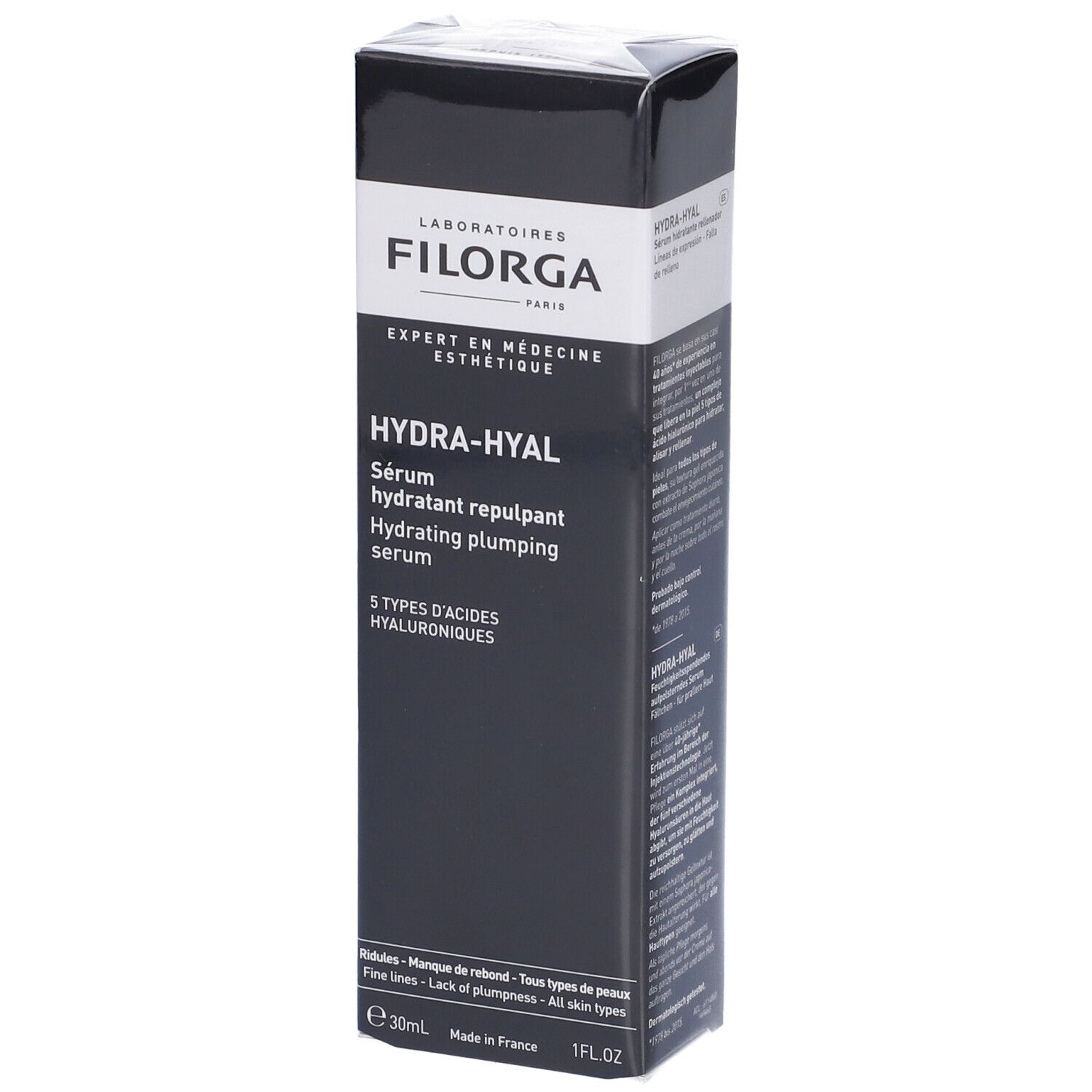 Confezione FILORGA Hydra-Hyal. Scatola nera con nome e descrizione del prodotto. 30ml.
