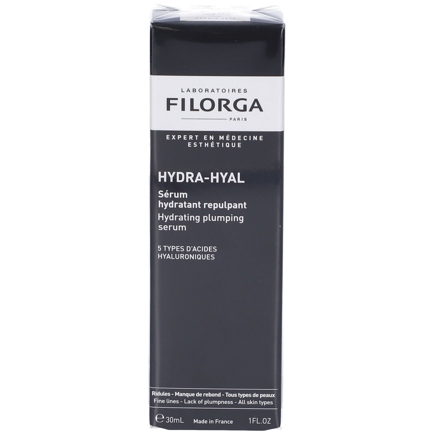 Confezione FILORGA Hydra-Hyal. Scatola nera con nome e descrizione del prodotto. 30ml.