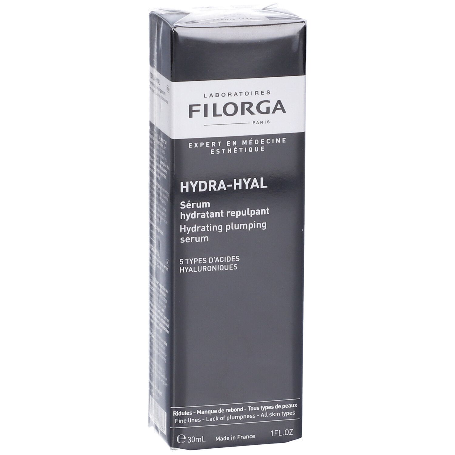 Confezione FILORGA Hydra-Hyal. Scatola nera con nome e descrizione del prodotto. 30ml.