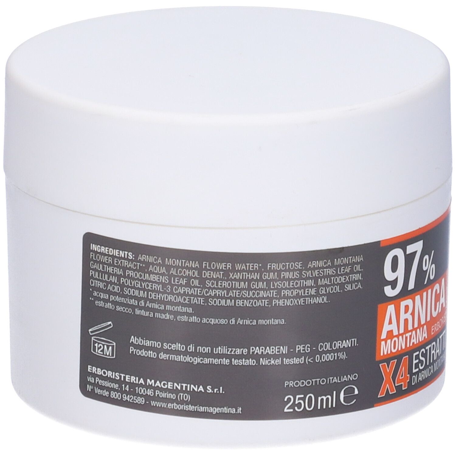 Vasetto bianco con etichetta. Scritta: 97% Arnica Montana Gel, X4 Estratti. Elenco ingredienti.