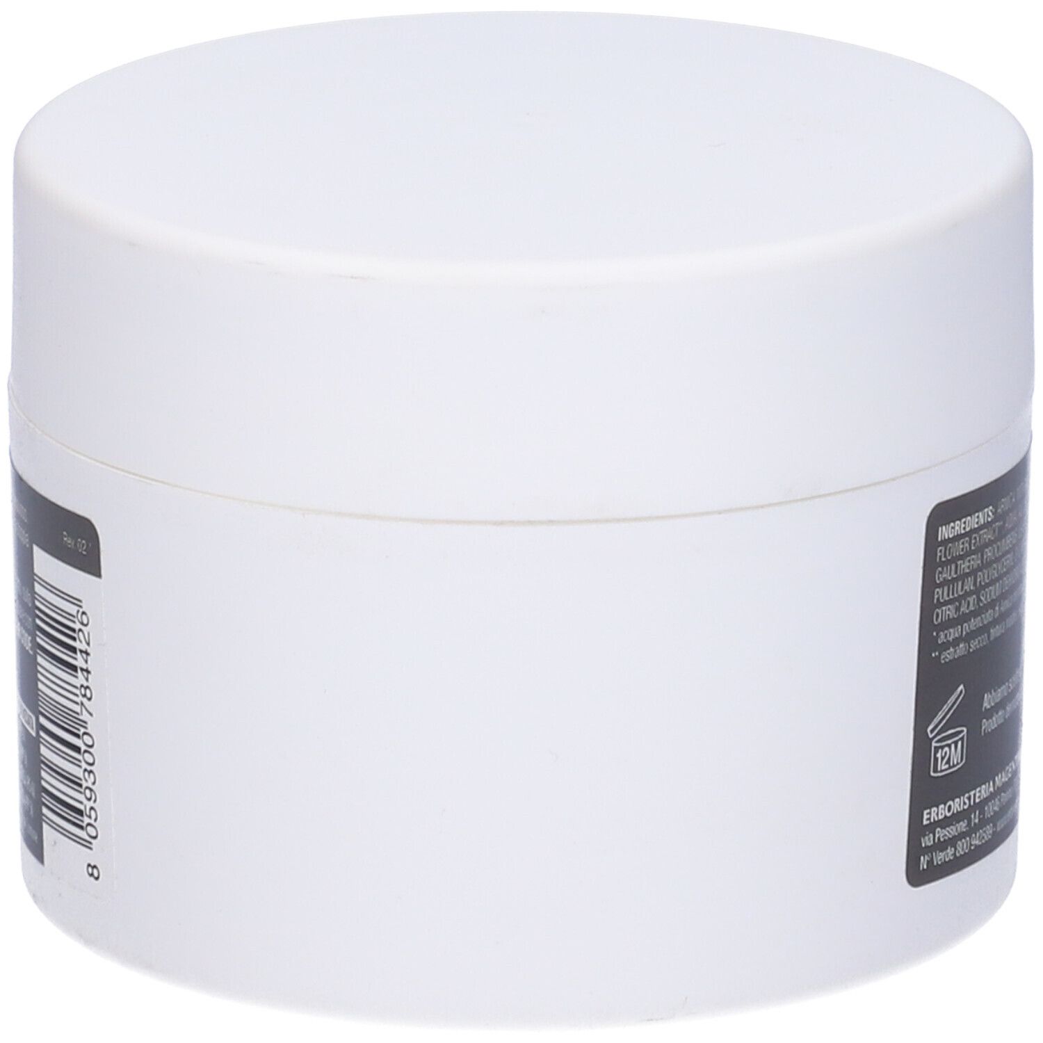 Vasetto bianco con etichetta. Scritta: 12M. Codice a barre.