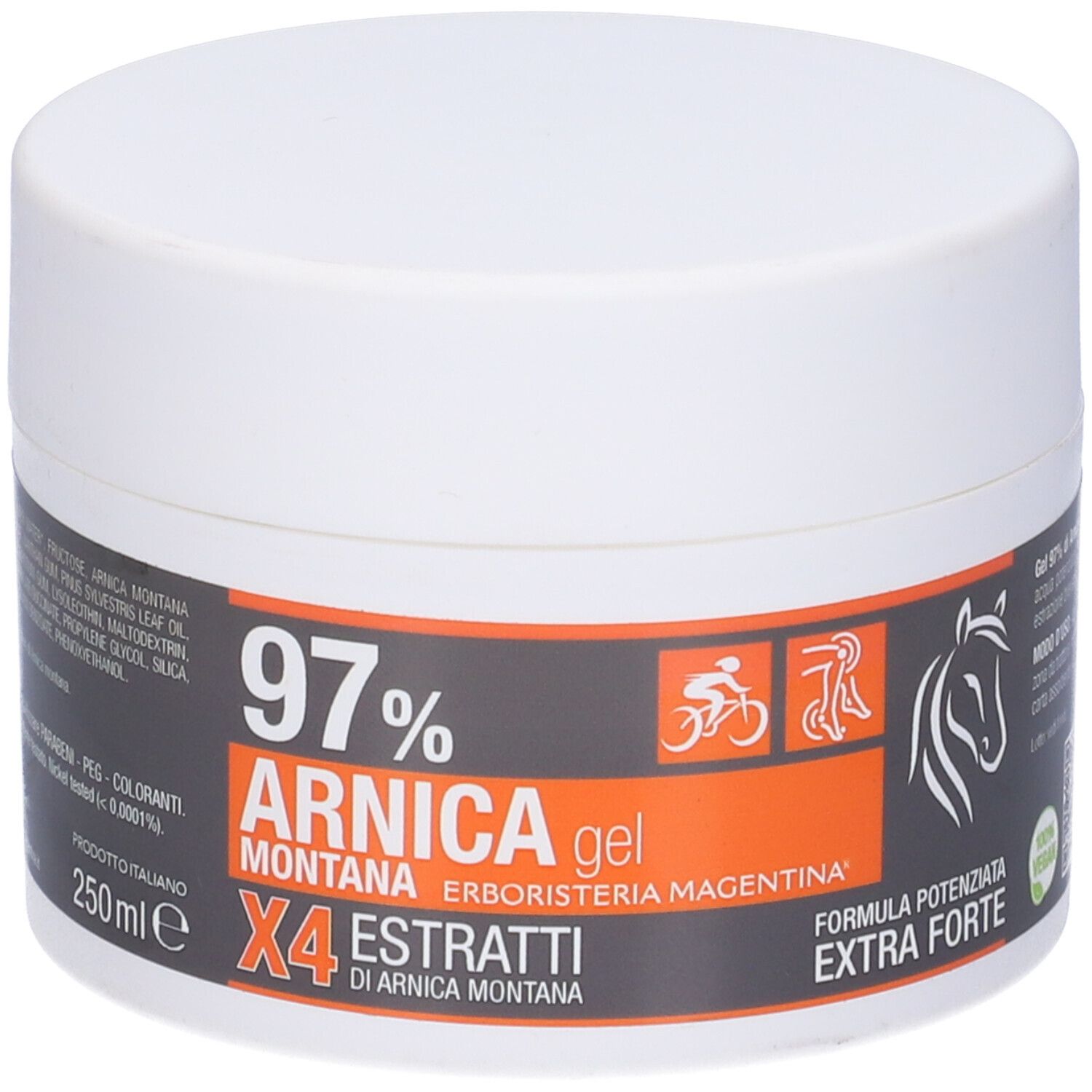 Vasetto bianco con etichetta. Scritta: 97% Arnica Montana Gel, X4 Estratti. Logo: bici, cavallo.