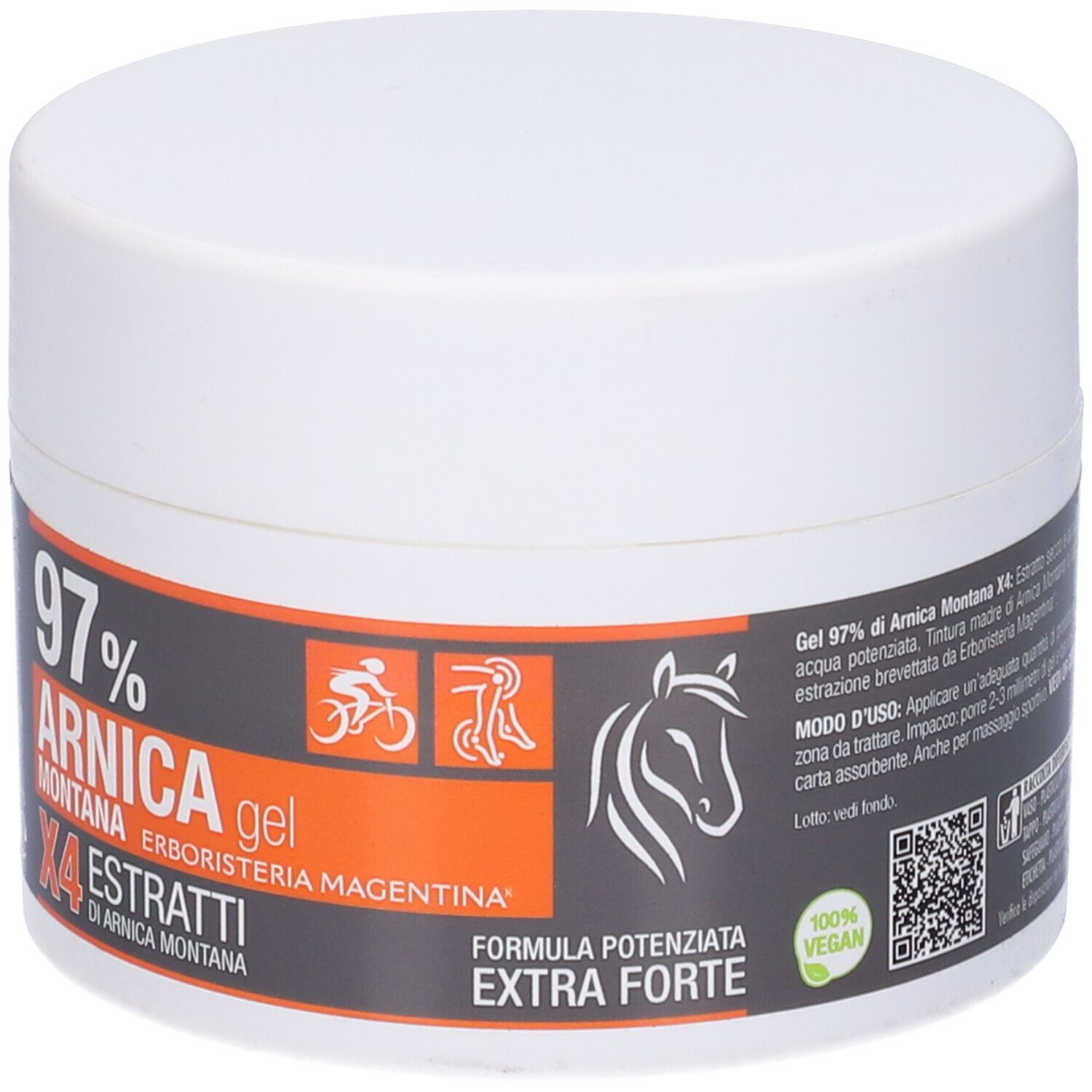 Vasetto bianco con etichetta. Scritta: 97% Arnica Montana Gel, X4 Estratti. Logo: bici, cavallo. Vegano.