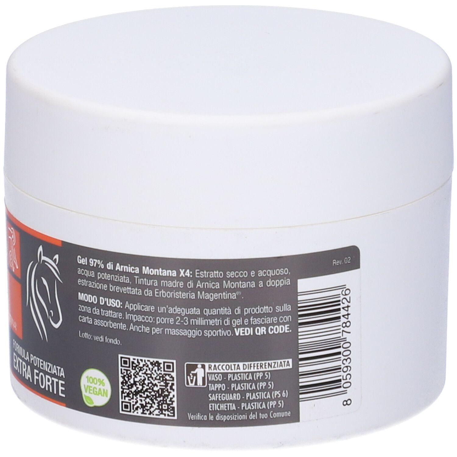 Vasetto bianco con etichetta. Scritta: 97% Arnica Montana X4. Istruzioni per l'uso. Codice a barre. Vegano.