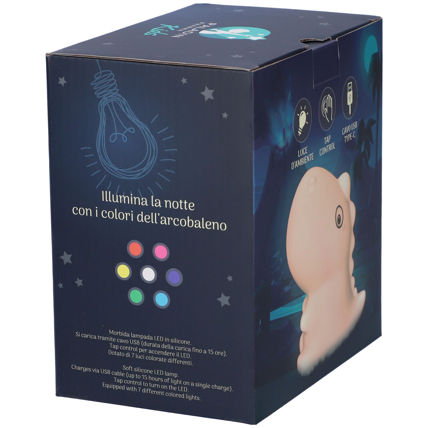 Verpackung für eine weiche Silikon-LED-Lampe in Dinosaurierform mit Farbwechsel-Funktion und USB-C-Ladeanschluss.
