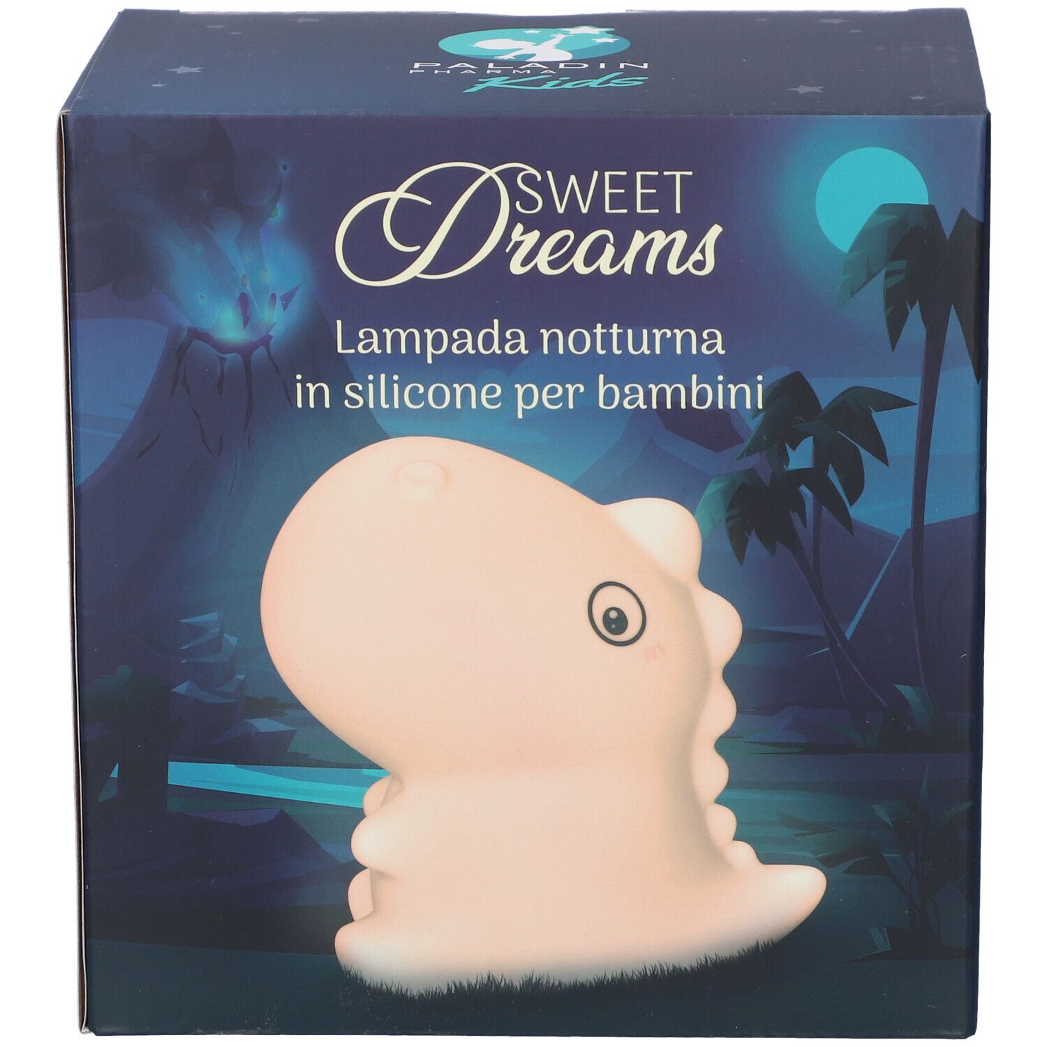 Eine rosa Dinosaurier-Nachtlampe aus Silikon für Kinder, auf der Verpackung abgebildet.