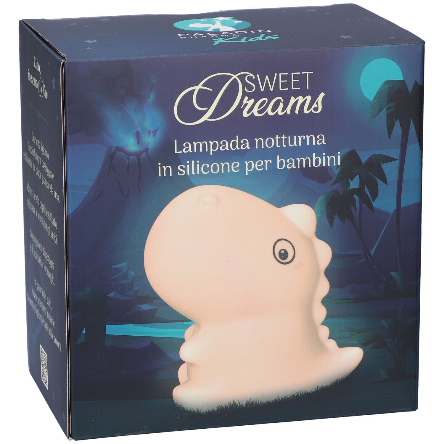 Rosa Dinosaurier-Nachtlicht aus Silikon für Kinder, auf Kartonverpackung mit Vulkan- und Palmenmotiv.