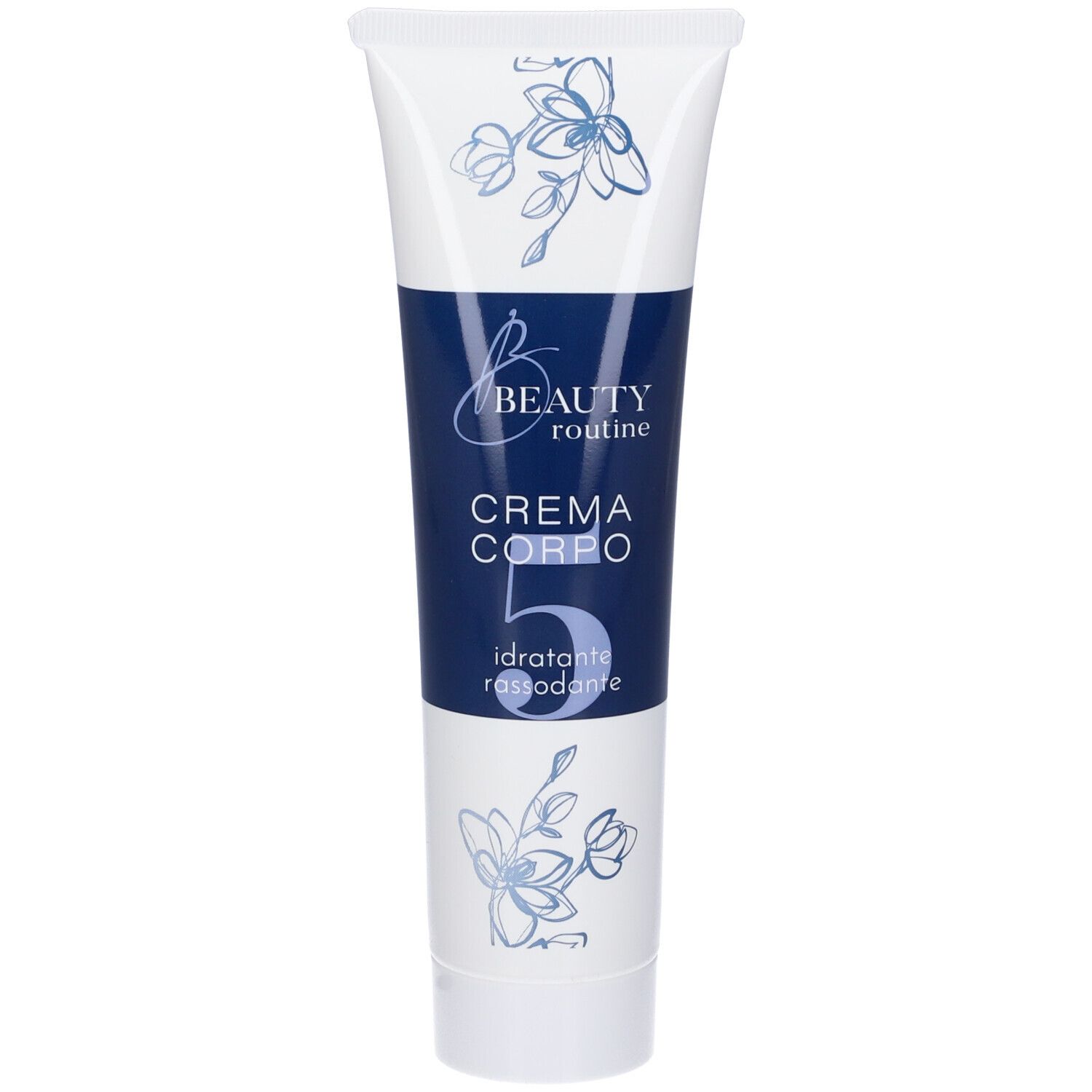 Tubo di crema con motivo floreale e nome del prodotto. Scritta blu su sfondo bianco. "Crema Corpo 5".