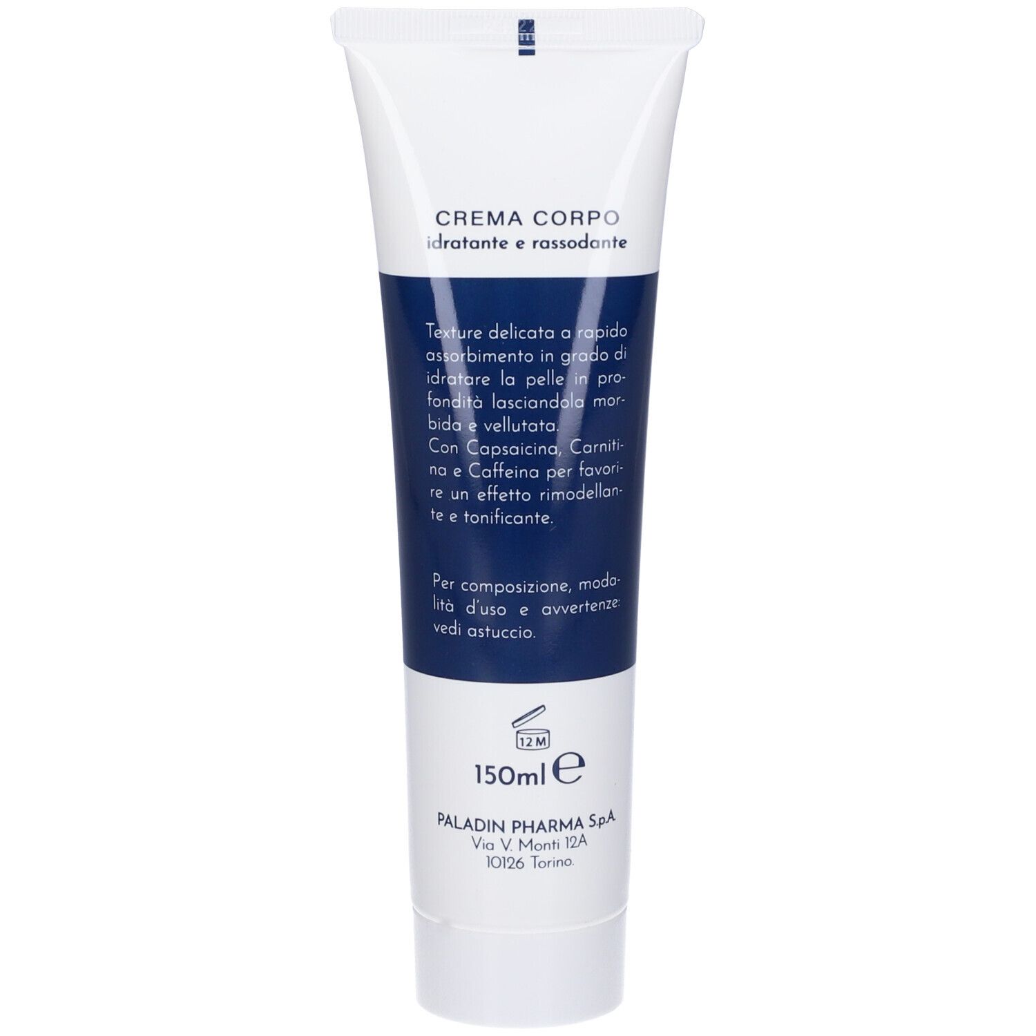 Tubo di crema con informazioni sul prodotto. Scritta blu su sfondo bianco. "Crema Corpo" e "150ml".