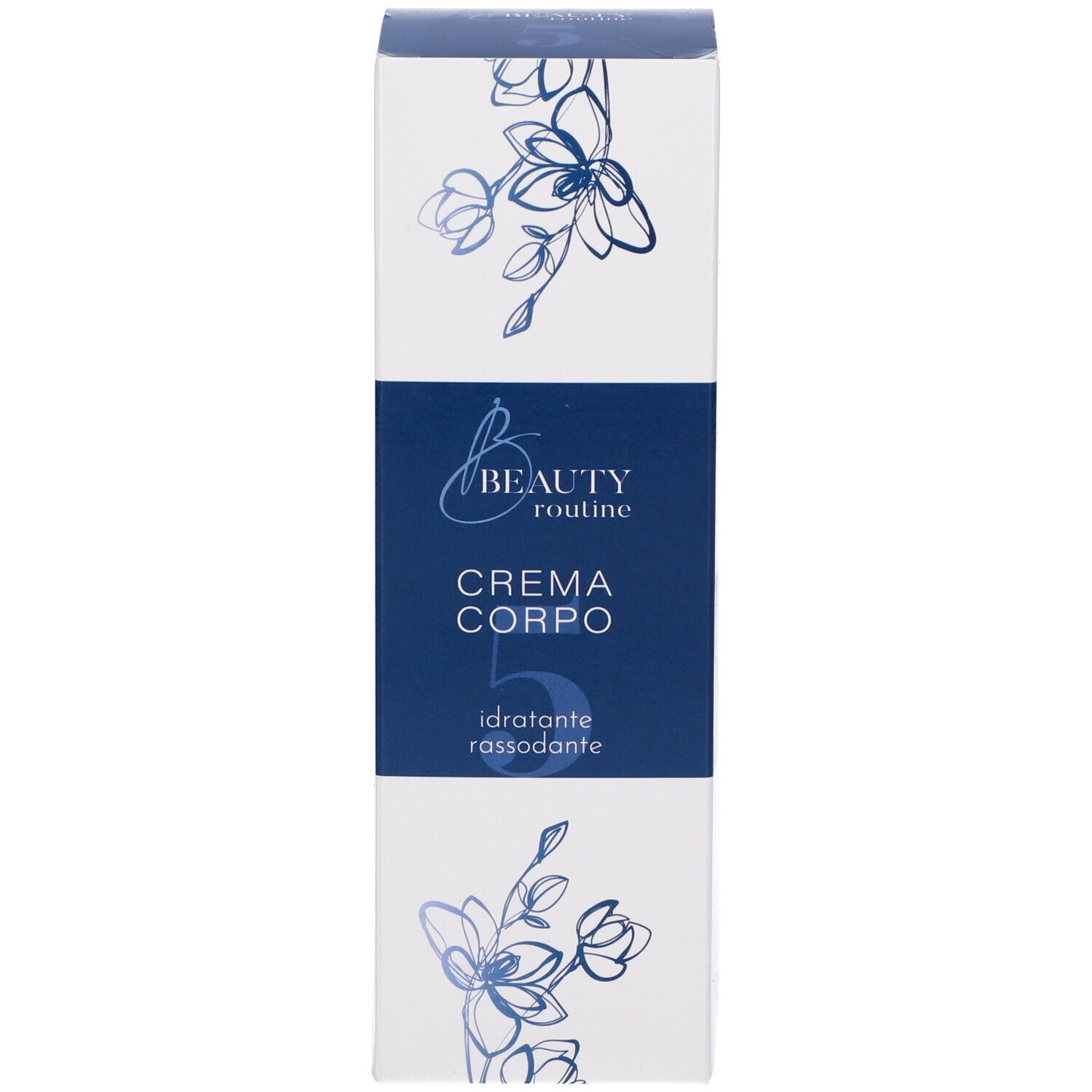 Scatola del prodotto con motivo floreale e nome del prodotto. Scritta blu su sfondo bianco. "Crema Corpo 5".