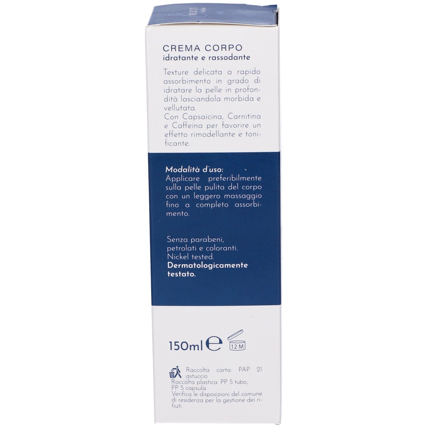 Scatola del prodotto con informazioni sul prodotto. Scritta blu su sfondo bianco. "Crema Corpo" e "150ml".