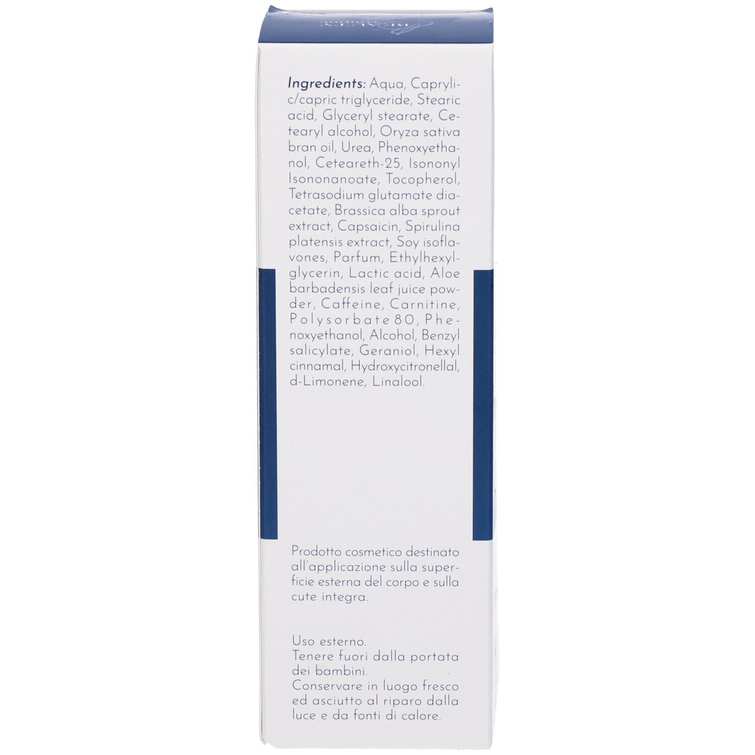 Scatola del prodotto con ingredienti. Scritta blu su sfondo bianco. Elenco degli ingredienti.