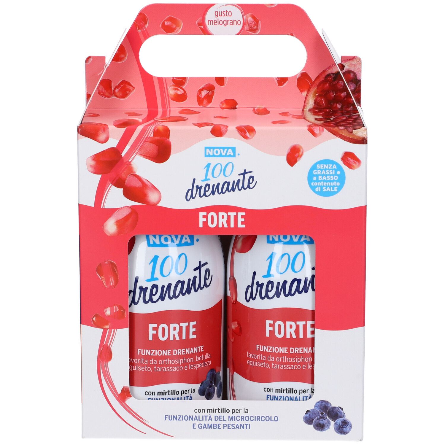 Confezione con due bottiglie. Scritta: Nova 100 drenante Forte. Motivi melograno e mirtillo.