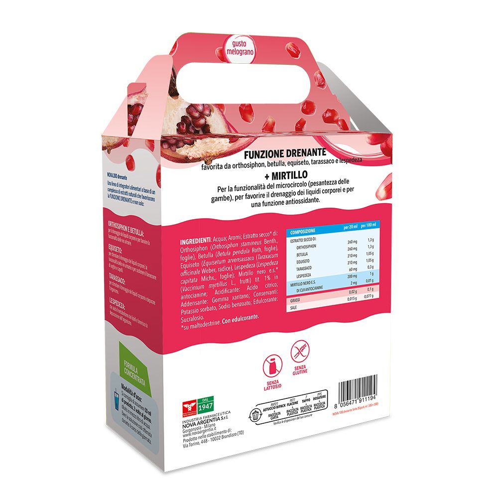 Retro della confezione. Testo: ingredienti, tabella nutrizionale, istruzioni. Logo Nova Argentia.