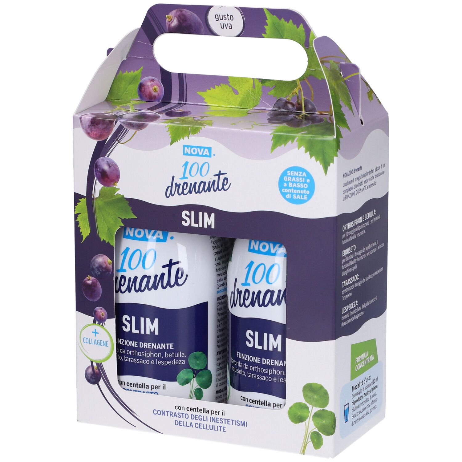 Confezione con due bottiglie. Scritta: Nova 100 drenante SLIM. Illustrazione di uva e foglie. Con manico.