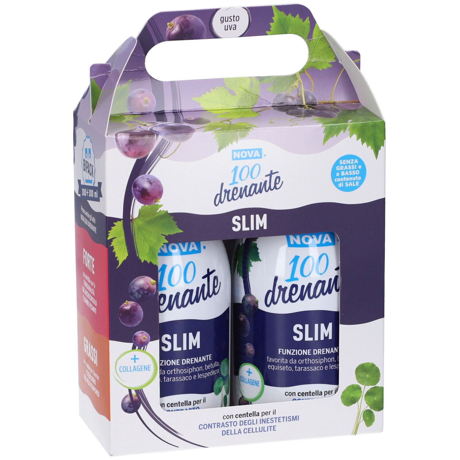 Confezione con due bottiglie. Scritta: Nova 100 drenante SLIM. Illustrazione di uva e foglie. Con manico.