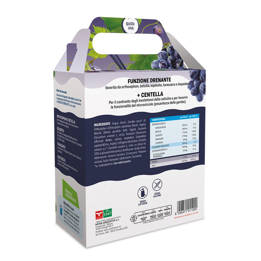 Retro della confezione. Contiene elenco ingredienti, informazioni nutrizionali e loghi. Illustrazione di uva e foglie.