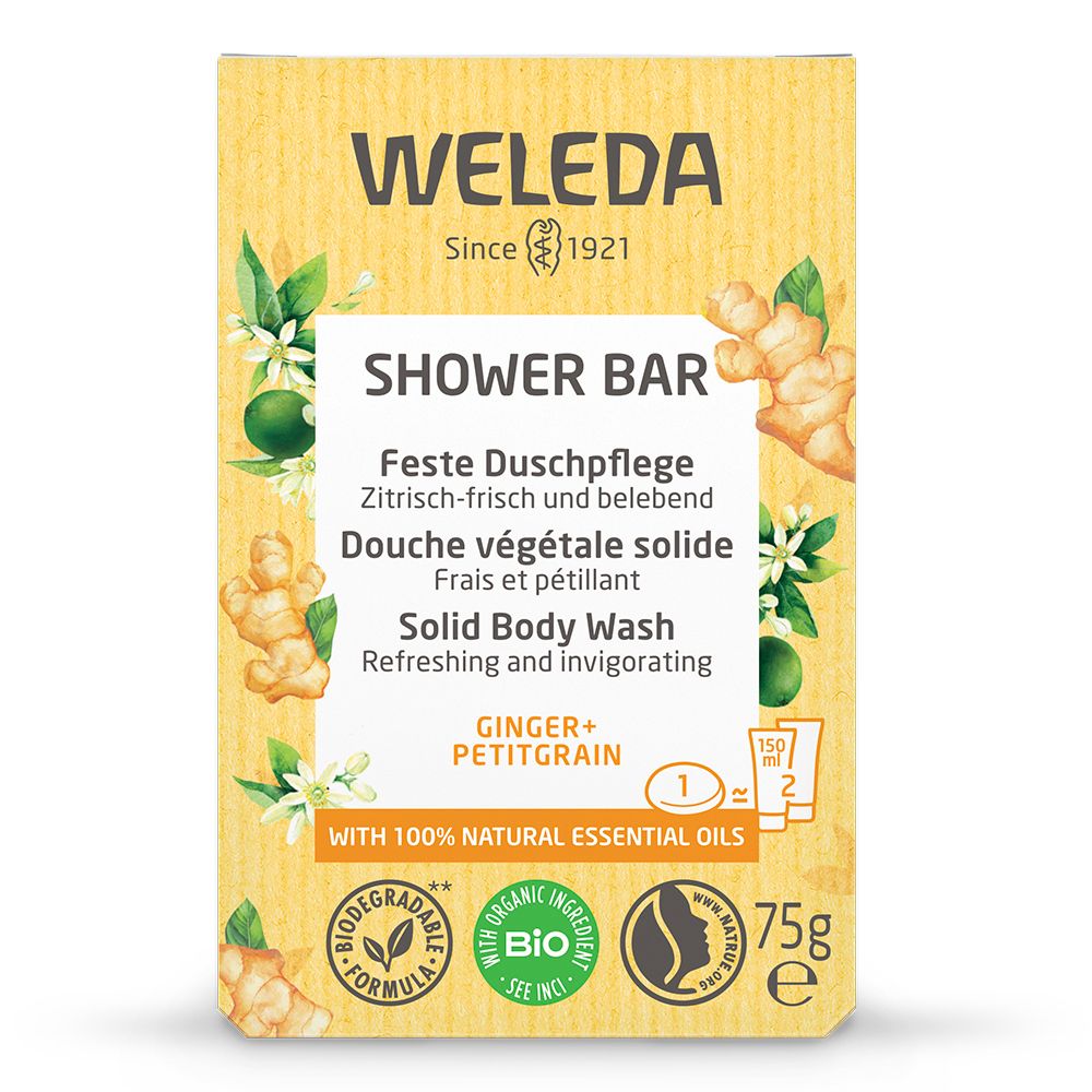 WELEDA, confezione gialla con informazioni e illustrazioni di zenzero e fiori. Barra doccia solida, 75g.