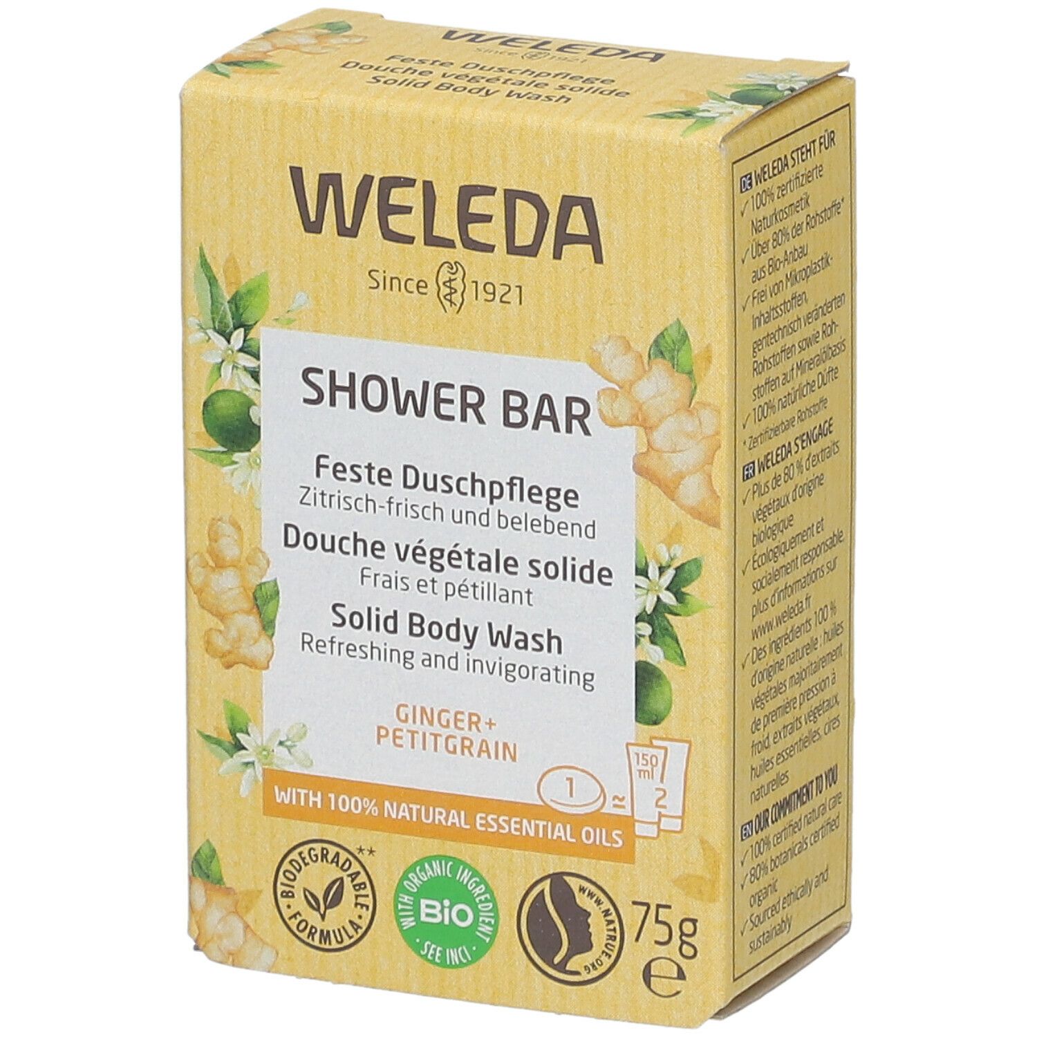Confezione WELEDA, barra doccia solida, gialla, con informazioni, zenzero e fiori. 75g.