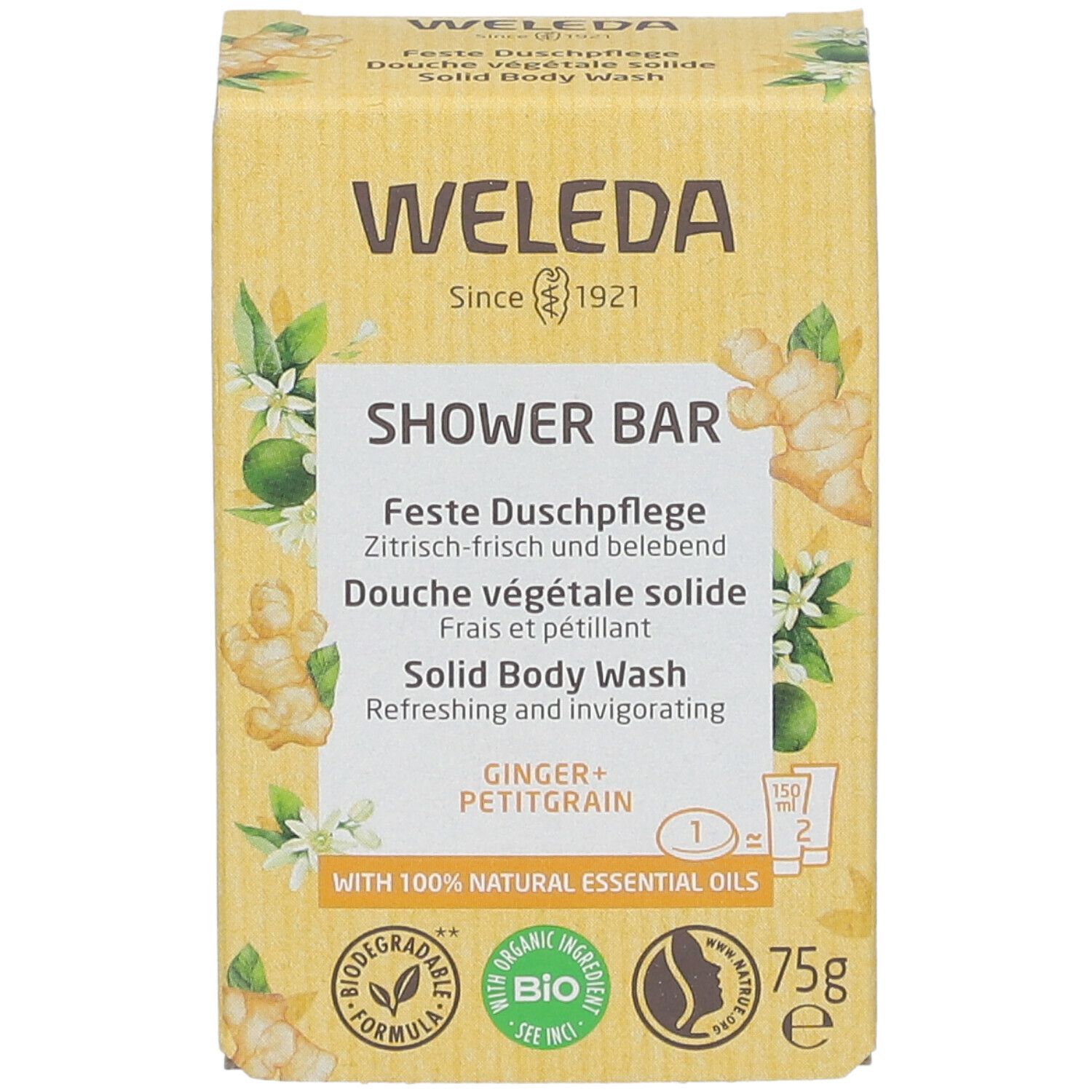 WELEDA, confezione gialla con informazioni e illustrazioni di zenzero e fiori. Barra doccia solida, 75g.
