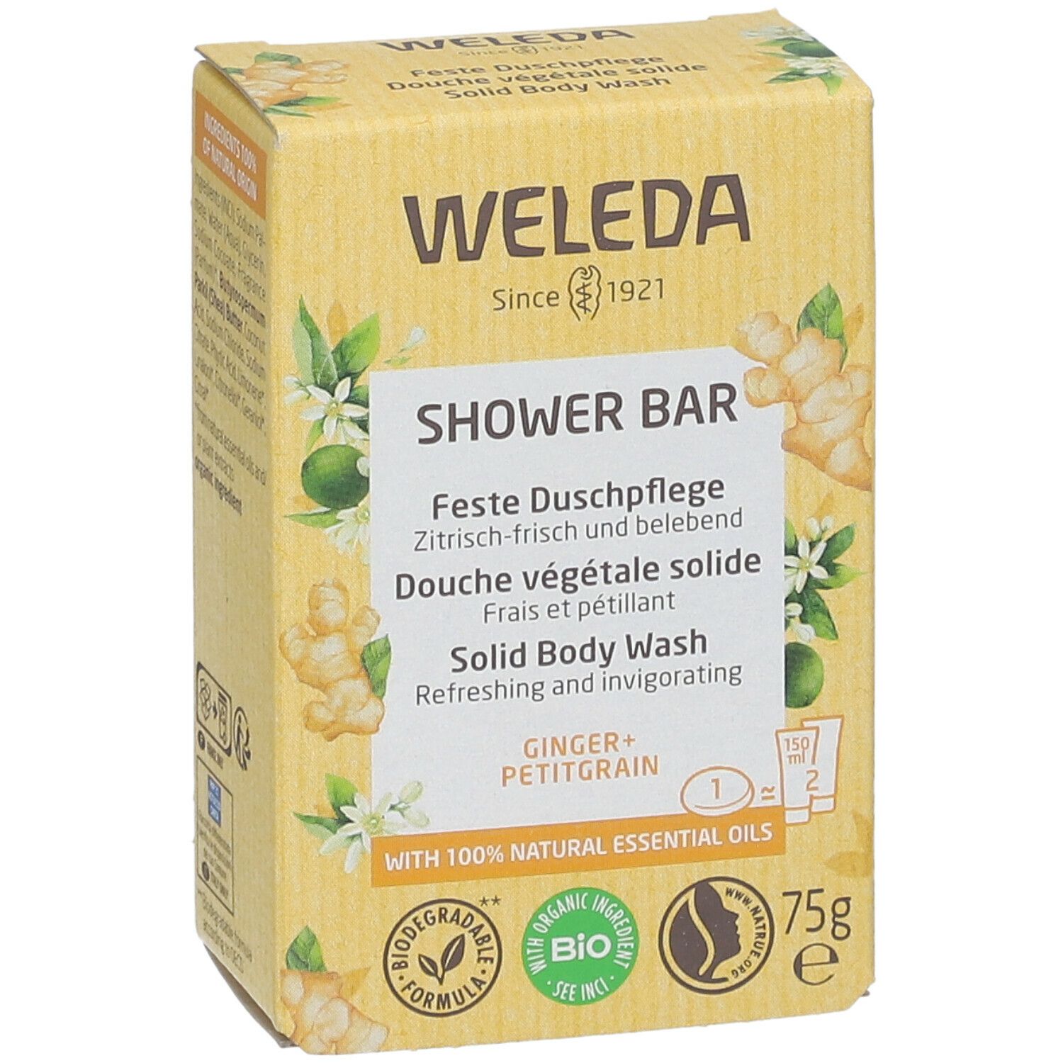 Confezione WELEDA, barra doccia solida, gialla, con informazioni, zenzero e fiori. 75g.
