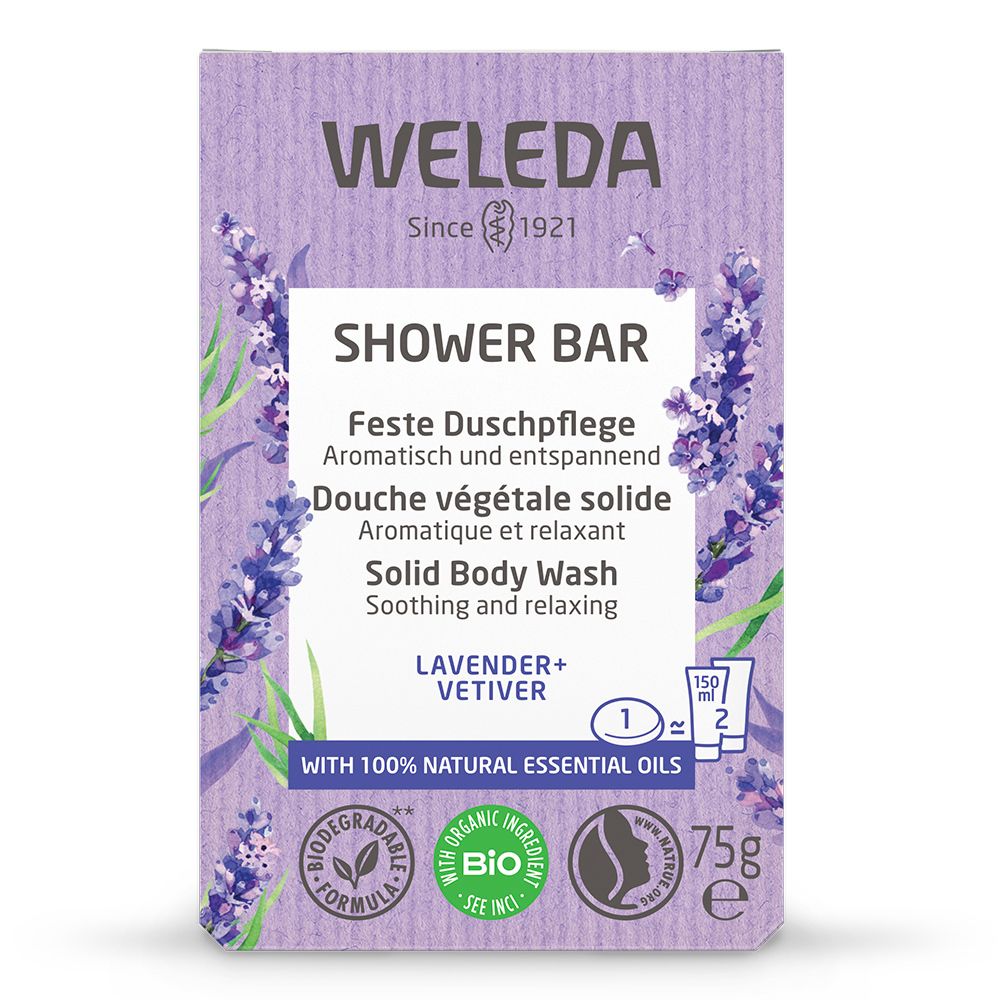 WELEDA, confezione viola con motivo lavanda. Testo: SHOWER BAR, LAVENDER+VETIVER, 75g, etichetta BIO.