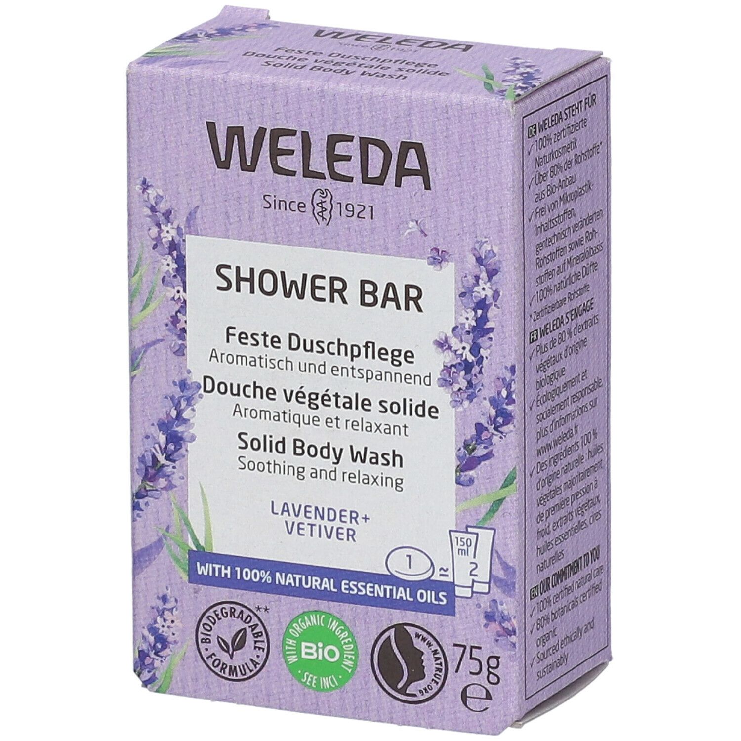 Confezione WELEDA, scatola viola con motivo lavanda. Testo: SHOWER BAR, LAVENDER+VETIVER, 75g, etichetta BIO.