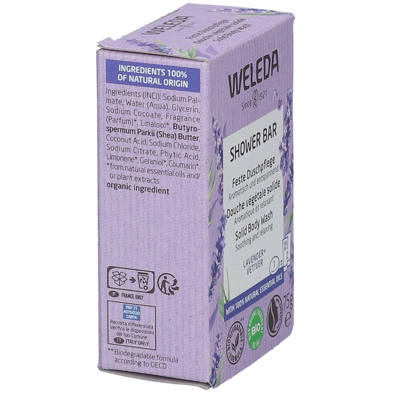 Lato della confezione WELEDA. Testo: Ingredienti, 100% origine naturale, etichetta BIO, simbolo riciclo.