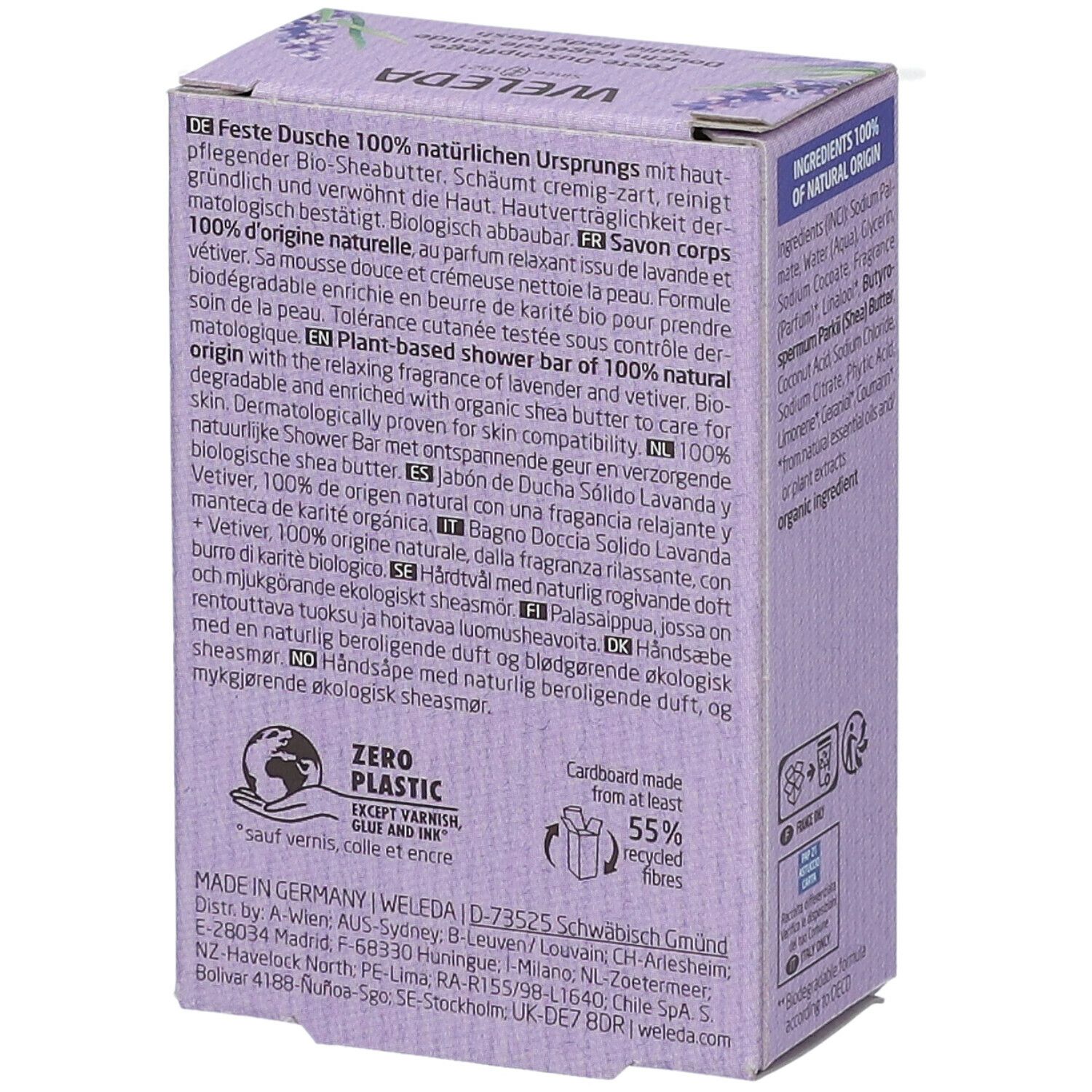 Retro confezione WELEDA. Testo: 100% origine naturale, etichetta BIO, Zero Plastic, simbolo riciclo.