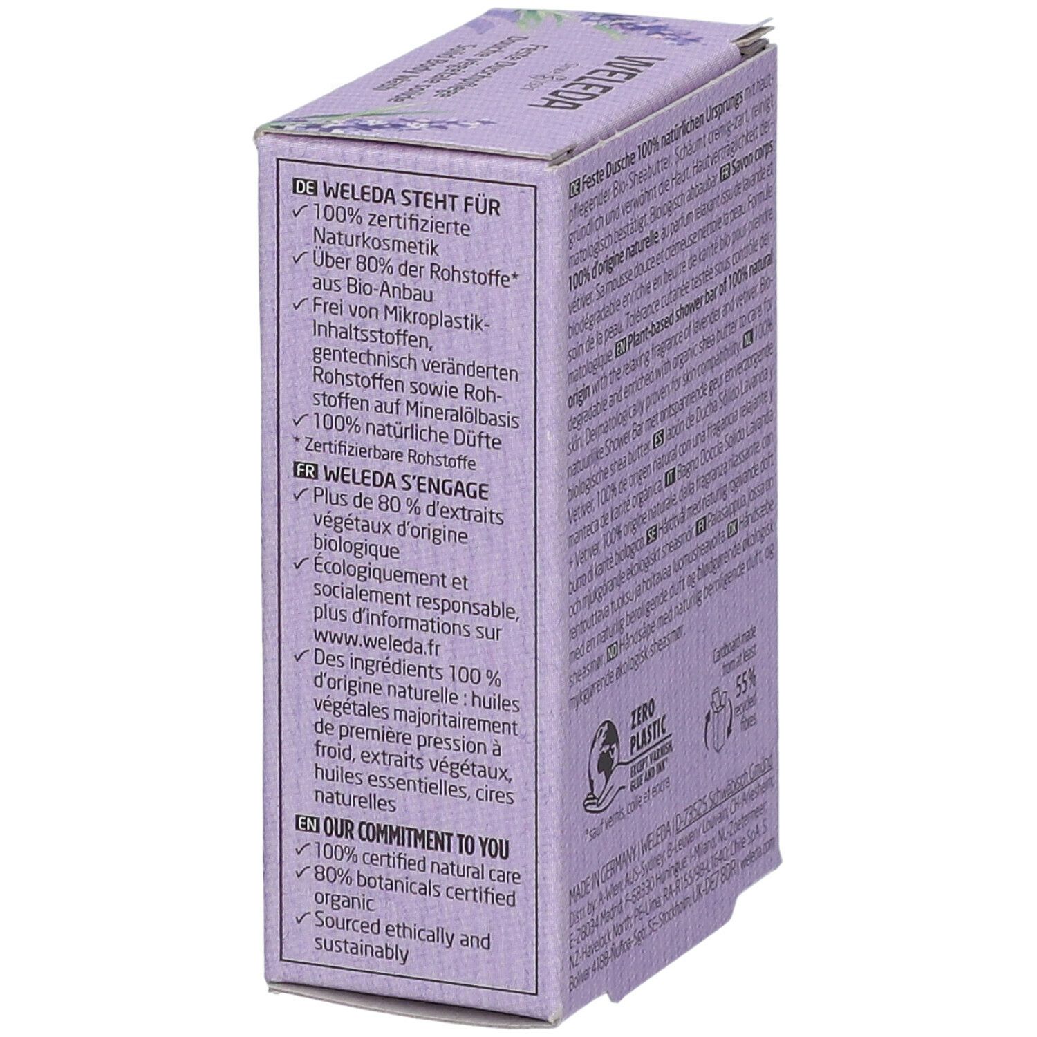 Lato della confezione WELEDA. Testo: WELEDA si impegna, 100% cosmetici naturali certificati, etichetta BIO.
