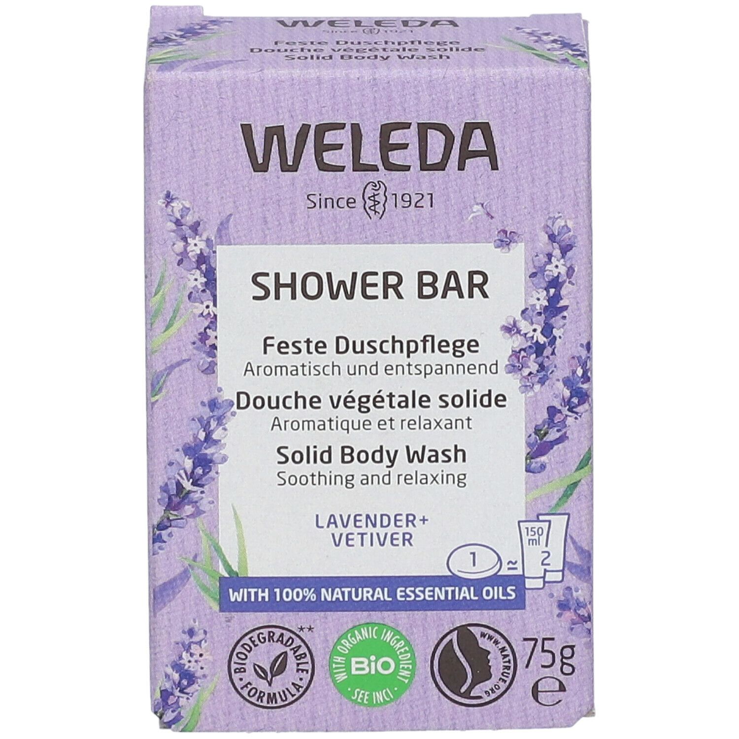 Confezione WELEDA, scatola viola con motivo lavanda. Testo: SHOWER BAR, LAVENDER+VETIVER, 75g, etichetta BIO.