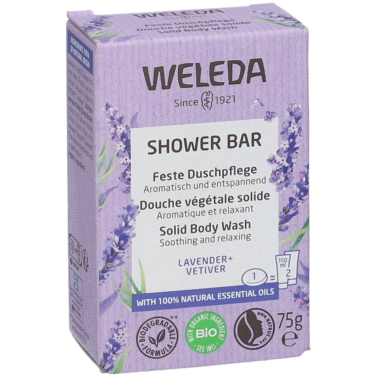 Confezione WELEDA, scatola viola con motivo lavanda. Testo: SHOWER BAR, LAVENDER+VETIVER, 75g, etichetta BIO.