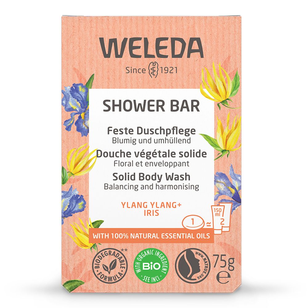 Detersivo solido Ylang Ylang e Iris. Confezione floreale, 75g. Contiene oli essenziali naturali.