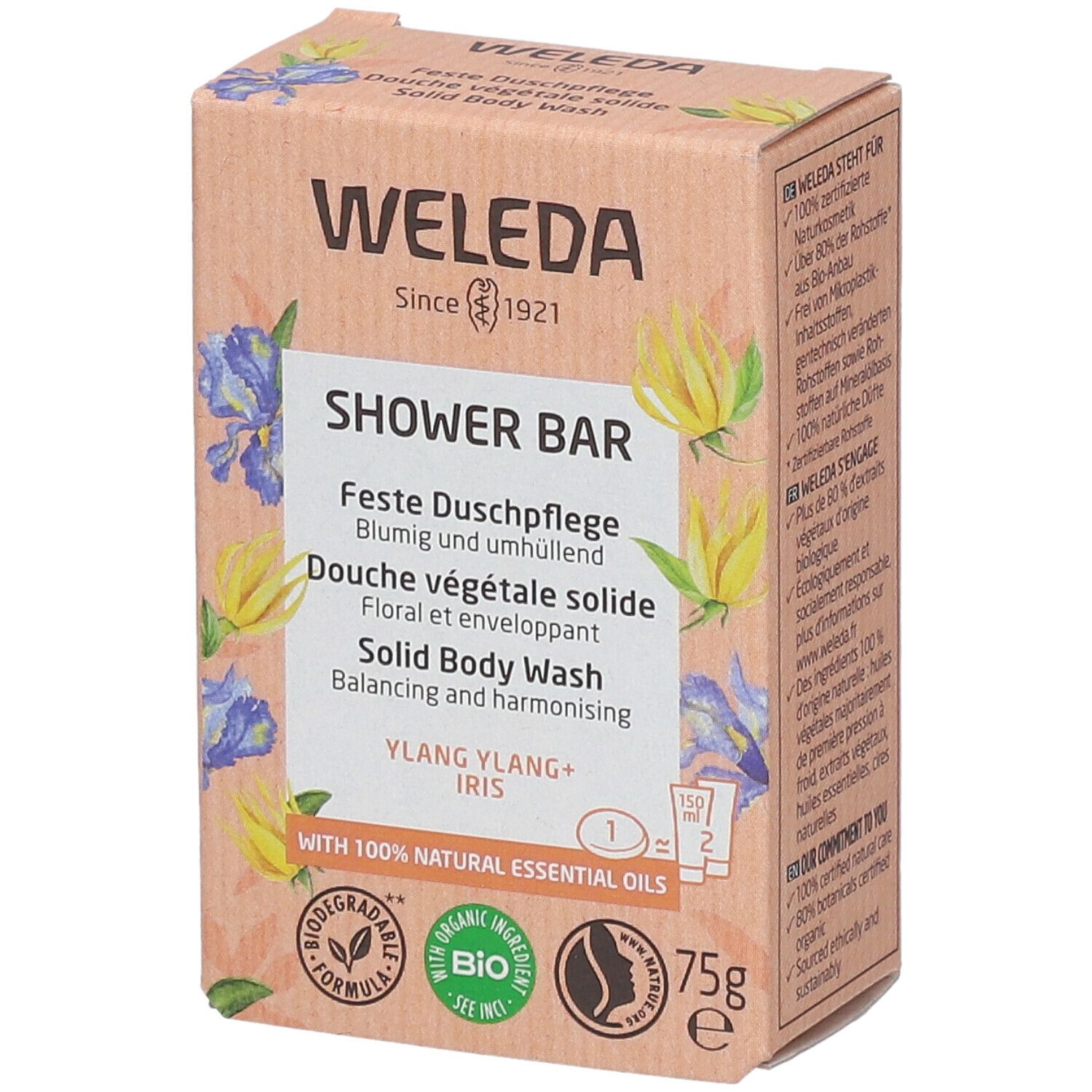 Confezione in cartone per detergente solido. Nome del prodotto e design floreale. Contiene 75g. Certificato bio.