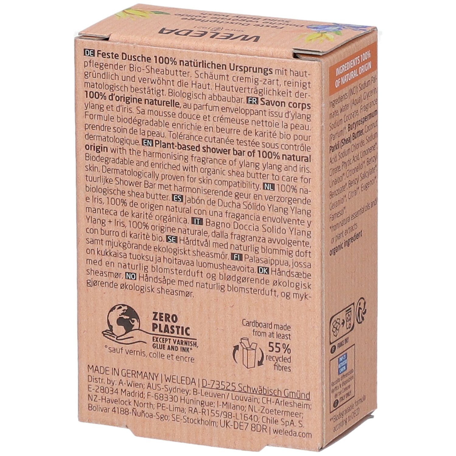 Confezione in cartone, vista laterale con testo. Contiene informazioni sugli ingredienti e le certificazioni.